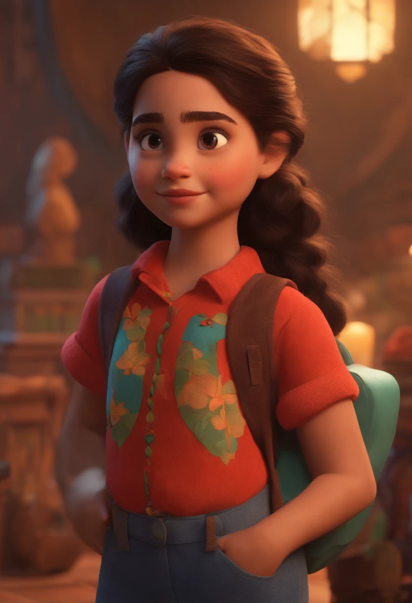 Image of a girl for a story in a YouTube video in Pixar format, She's the little allabester, She's the class leader, is extroverted, Brincalhona e levanta-se para um monte de coisas, cabelo curto