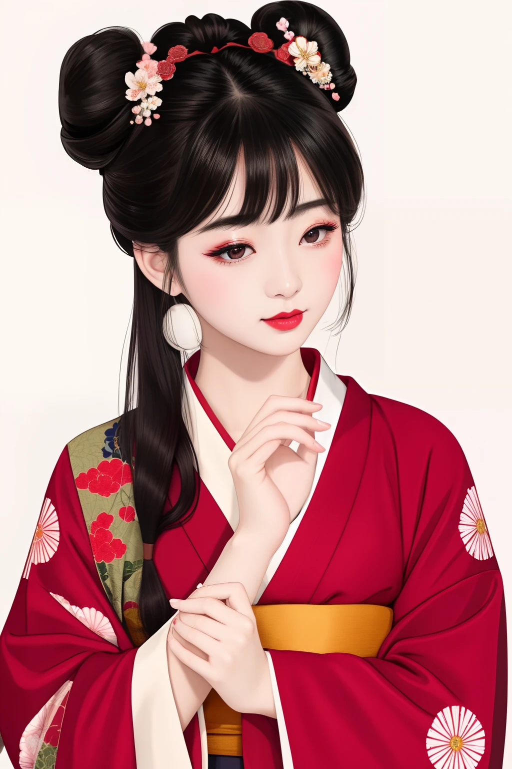 ((Big、a small face、No exposure))、top-quality、masterpiece、(Bun hair Black hair)、Brown eyes、⦅From the buttocks up is the whole body、Diagonally horizontal⦆、(4In K、masterpiece、hight resolution、Realistic and beautiful light and shadow、One girl、Solo Focus、(top-quality)、(Hi-Res)、(extremely delicate and beautiful)、(Beautiful 8k face)、(I close my eyes while smiling.)、(独奏)、(Clear skin)、(Soft hair)、(7headed body)、(Yukata kimono with red and white floral pattern、Girl in Yukata)、((Hair in a bun))、((Tanabata decoration background))、((a small face))、(reality)、thin and small nose、(red lipsticks)、(Reddening cheeks)、(Lustrous skin)、((Ukiyo-e style))、Ultra-thin eyebrows、Ultra high image quality、(Wearing maiko-style makeup)、skin whitening、long and beautiful lashes、Lustrous skin that changes like a model in a Kyoto magazine、(Red-dyed cheeks),Nasal muscle
