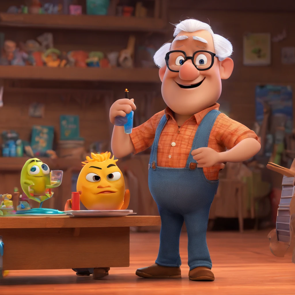 Crie um cartaz inspirado na Disney Pixar com o personagem sendo o deputado Keniston Braga, A white-haired man wearing glasses, the scene will be in Pixar's distinctive digital art style. Focus on character expressions, Vibrant colors and detailed textures present your animations, with the title " Keniston Braga no meio, Quero a cena dos principais filmes do PIXar