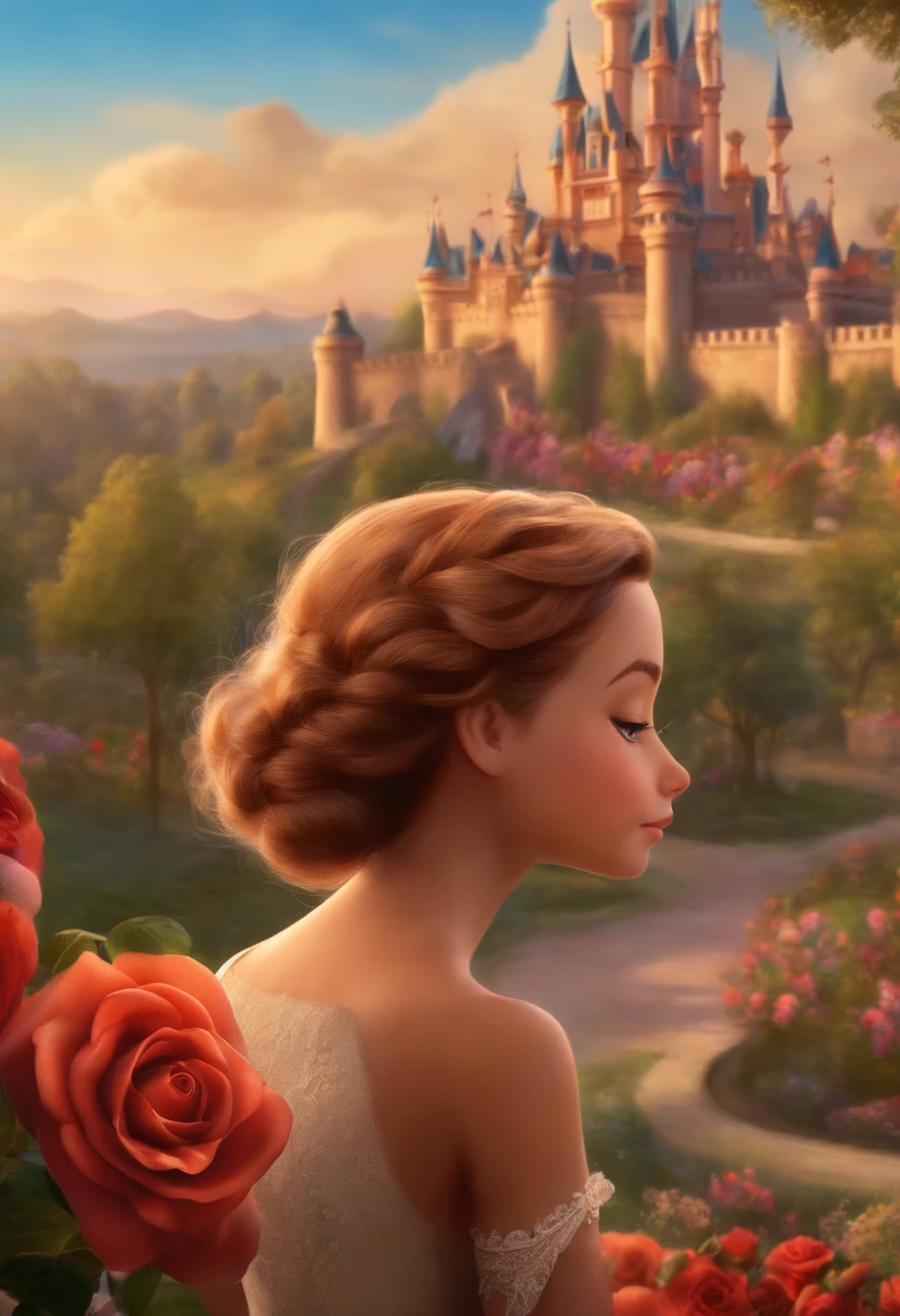 Personagem princesa branca disney pixar adolescente cabelo cacheado castanho nos ombros olhos marrom de sorriso feliz rosto oval, With a rose tattoo on the arm with a small hairy dog of caramel color with Disney castle in background
