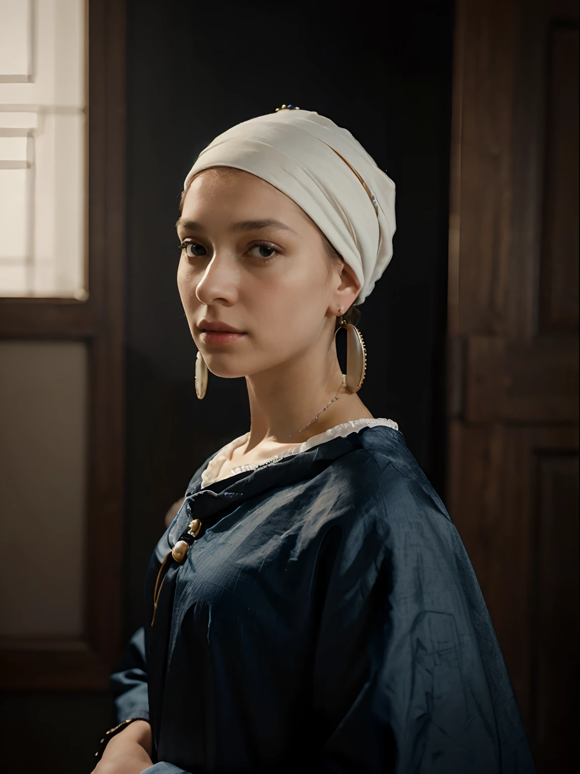 **Painting:** The Girl with the Pearl Earring by Johannes Vermeer (c. 1665)
**Description:**
A young girl stands facing the viewer, her head turned slightly to the side. She has a mysterious expression on her face, and her eyes seem to follow the viewer wherever they go. She is wearing a simple blue and white turban, and a single pearl earring hangs from her left ear.
The girl is standing in a dark room, with only a faint light illuminating her face. The background is blurred, so it is difficult to tell what is behind her. However, the viewer can see a few details, such as a wooden wall and a curtain.
The girl's turban is made of a soft blue fabric, and it is tied neatly around her head. The pearl earring is the only bright color in the painting, and it stands out against the girl's dark hair and turban.
The girl's pose is both graceful and natural. She is standing with her weight evenly distributed on both feet, and her arms are relaxed at her sides. Her head is tilted slightly to the side, and she is looking directly at the viewer.
The painting is a masterpiece of light and shadow. Vermeer uses light to create a sense of depth and atmosphere. The girl's face is illuminated by a soft light, while the background is blurred and dark. This contrast between light and shadow creates a sense of mystery and intrigue.
**Analysis:**
The Girl with the Pearl Earring is one of the most famous and beloved paintings in the world. It is a masterpiece of Dutch Golden Age painting, and it is known for its beauty, realism, and mystery.
Vermeer was a master of light and shadow, and he uses these elements to great effect in this painting. The girl's face is illuminated by a soft light, while the background is blurred and dark. This contrast between light and shadow creates a sense of depth and atmosphere.
The girl's pose is also very striking. She is standing facing the viewer, her head turned slightly to the side. She has a mysterious expression on her face,