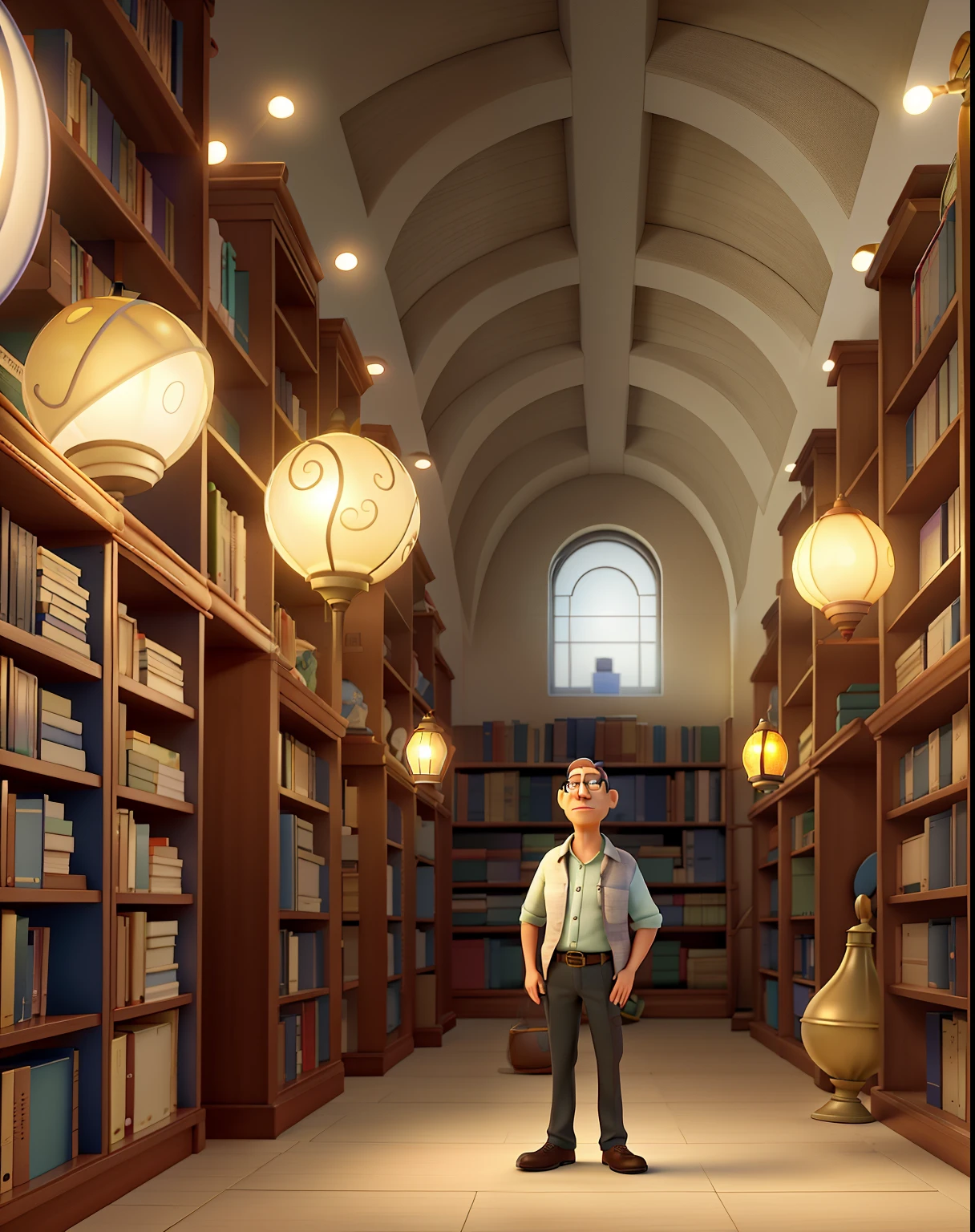 Pixar post of A Wise Man Standing in Front, illuminated by the light of a lamp, contra o pano de fundo de uma biblioteca