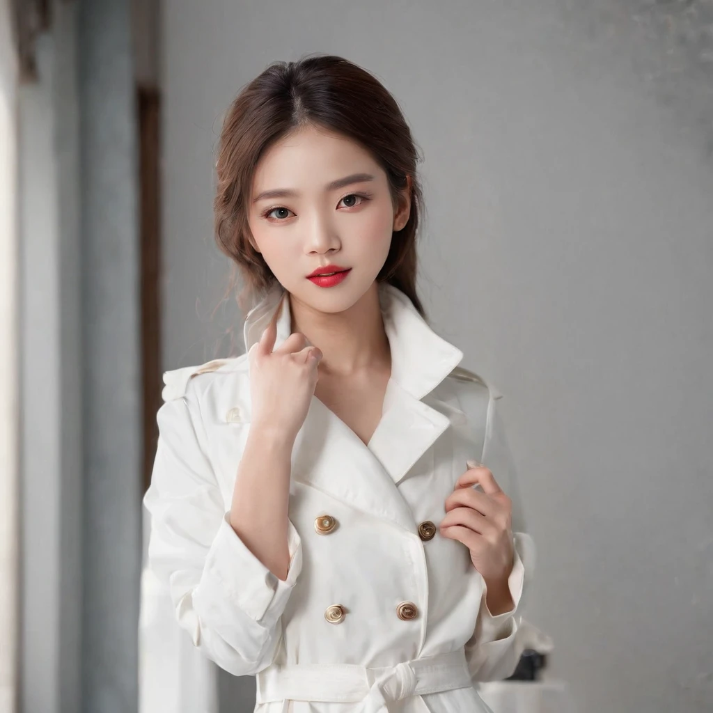 Master masterpieces,wallpaper hd,(((1 Chinese 18-year-old superb female model wearing a long white trench coat))),He wears a red shirt on his upper body,Lower body: white short skirt, black stockings,Black heels on the feet。High-definition and detailed faces,breast enhancement,big breasts thin waist,Slender and fair thighs, (((Realistic detail expressions:1.3))),Sony SLR lens,Shoot at medium distance,电影灯光,hyper qualit,Master masterpieces。