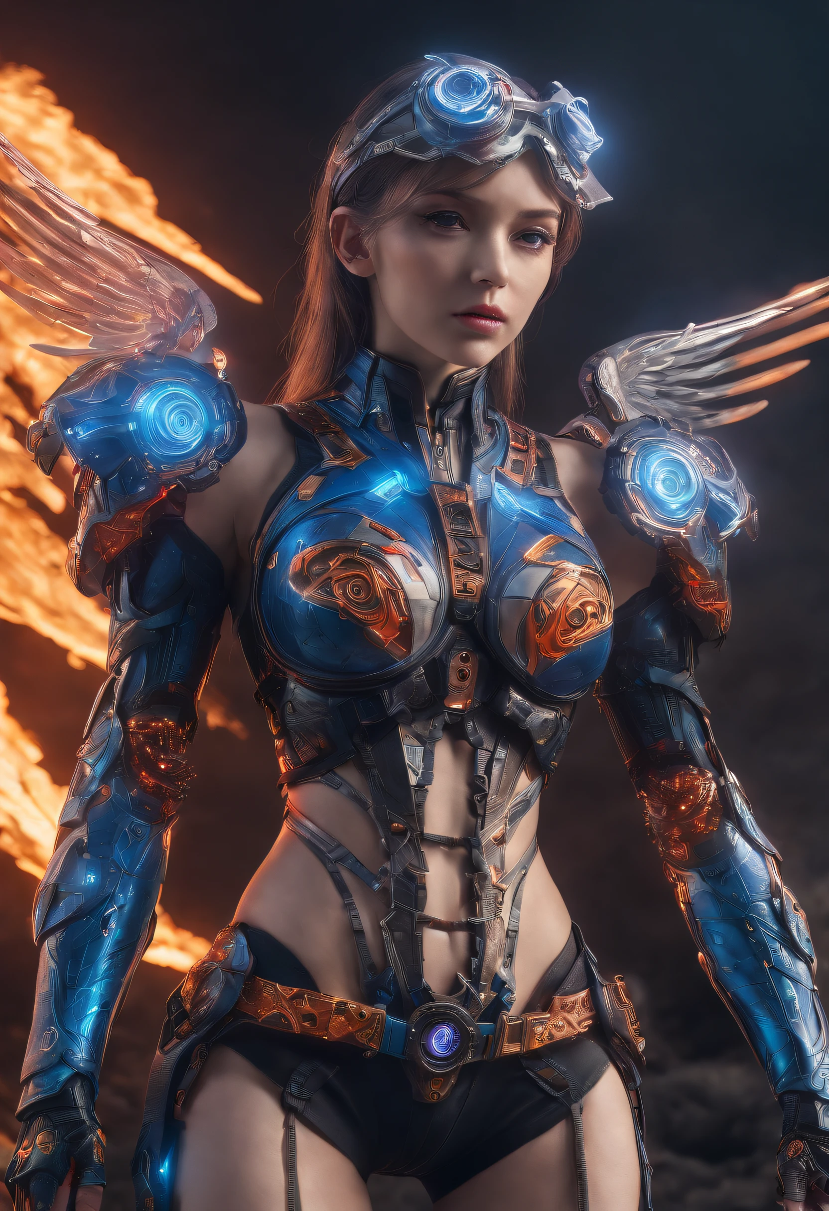 Cosmic cyberpunk Fallen Angel wearing Neon Mecha Armour, Flaming Sword glowing light eyes, Biomechanical, eerie, Creepy, nightmarish, Very bright neon colours, Light particles, with light glowing, , Mushroom Cloud, winner of the year's best photo, the world on fire, post-apocalyptic hellscape military photography, photo epic of the year, fire on the horizon, epic cinematic shot, pure form, intricate detail, 8k post-production, High resolution, super Detail, trending on ArtStation, sharp focus, studio photos, intricate detail, Very detailed, By Greg Rutkowski, Mshiff, wallpaper art, UHD wallpaper