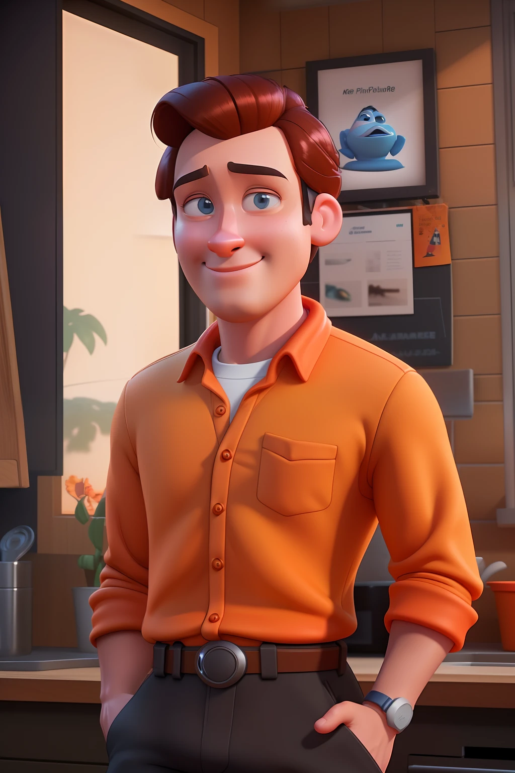 Man in orange shirt and black pants standing in a kitchen, Como um personagem da Pixar, pixarman rendering rendering, renderizar na pixar, pixar 3 d animation style, pixar retrato 8 k foto, animation character, Arnold Maya render, Representado como um personagem da Pixar, pixar octane render, personagem pixar, Estilo dos desenhos animados da Pixar, Personagem ideal da Pixar, renderizado em Arnold, pixar rendering