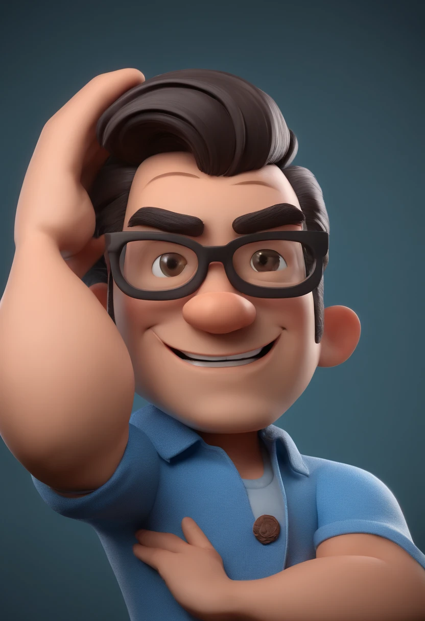 Cartoon character of a man with black glasses and a blue shirt, animation character, Caractere estilizado, animation style rendering, 3D estilizado, Arnold Maya render, 3 d render stylized, toon render keyshot, Personagem 3D, Personagem 3D, 3d rendering stylized, 3 d character render, personagem de desenho animado, Personagem de close up, Pose de personagem, (Estilo Pixar) (master part:1.2) (Bokeh) (best quality) (pele detalhada) (textura detalhada) (8k) (argila) (Cinematic lighting) (foco nítido