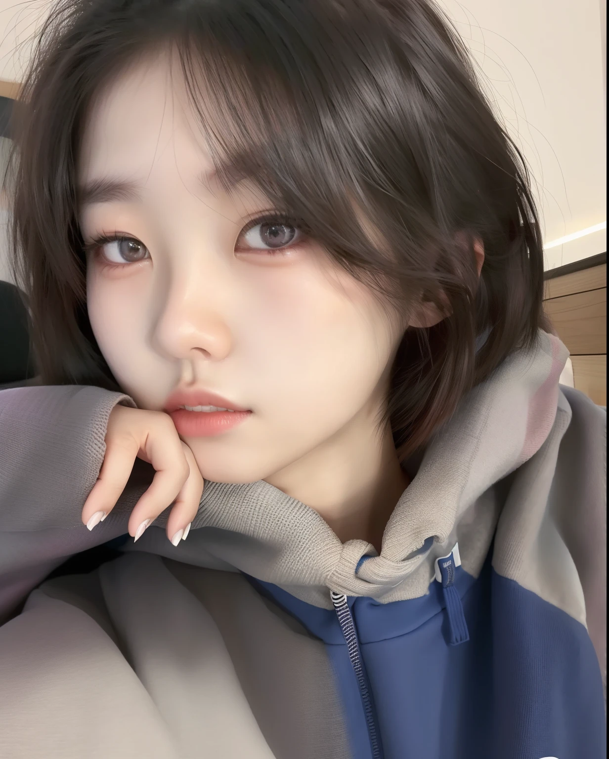 A close-up of a person wearing a hoodie and a sweater, ulzzang, Wan adorable cara coreana, Joven y adorable rostro coreano, Chica coreana, Hermosa mujer surcoreana, Jinyoung Shin, Heonhwa Choe, con el pelo corto, Jaeyeon Nam, maquillaje popular de Corea del Sur, Sakimichan, Hermosa joven coreana, Rasgos de la cara coreana