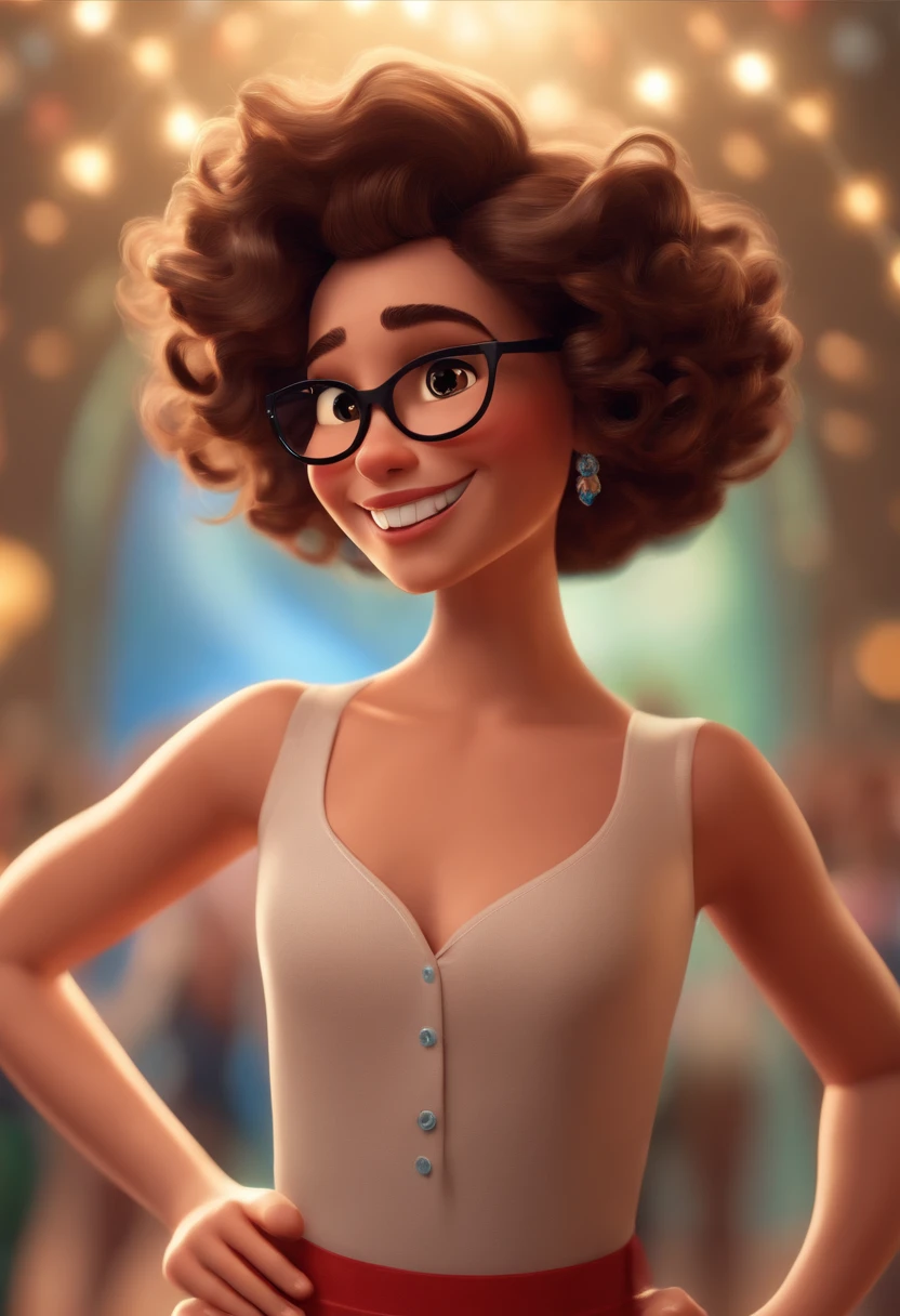 Pixar style image with 3D character white glasses brunette woman short curly hair dancing, Maquiagem Disney,fofo, adolable, sorridente ,Close-up, Pixar, Disney, Cinema lighting,