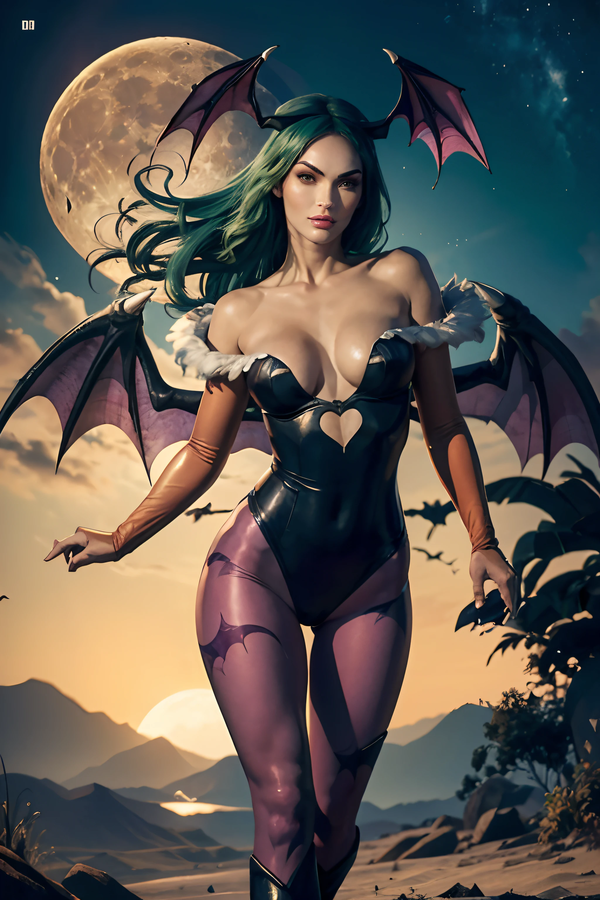 Megan Fox em Creative Artistry Print de Morrigan Aensland Personagem do jogo Darkstalkers em estilo hiper realista, with bat wings on the head, ((asas de morcego nas costas)), ((cabelo verde)), cabelo longo, black swimsuit, purple pantyhose, Beige gloves covering the entire arm, bota preta, par de botas pretas, medium bust, rosto de pele branca, arte de corpo inteiro, a noite, lunar illumination.