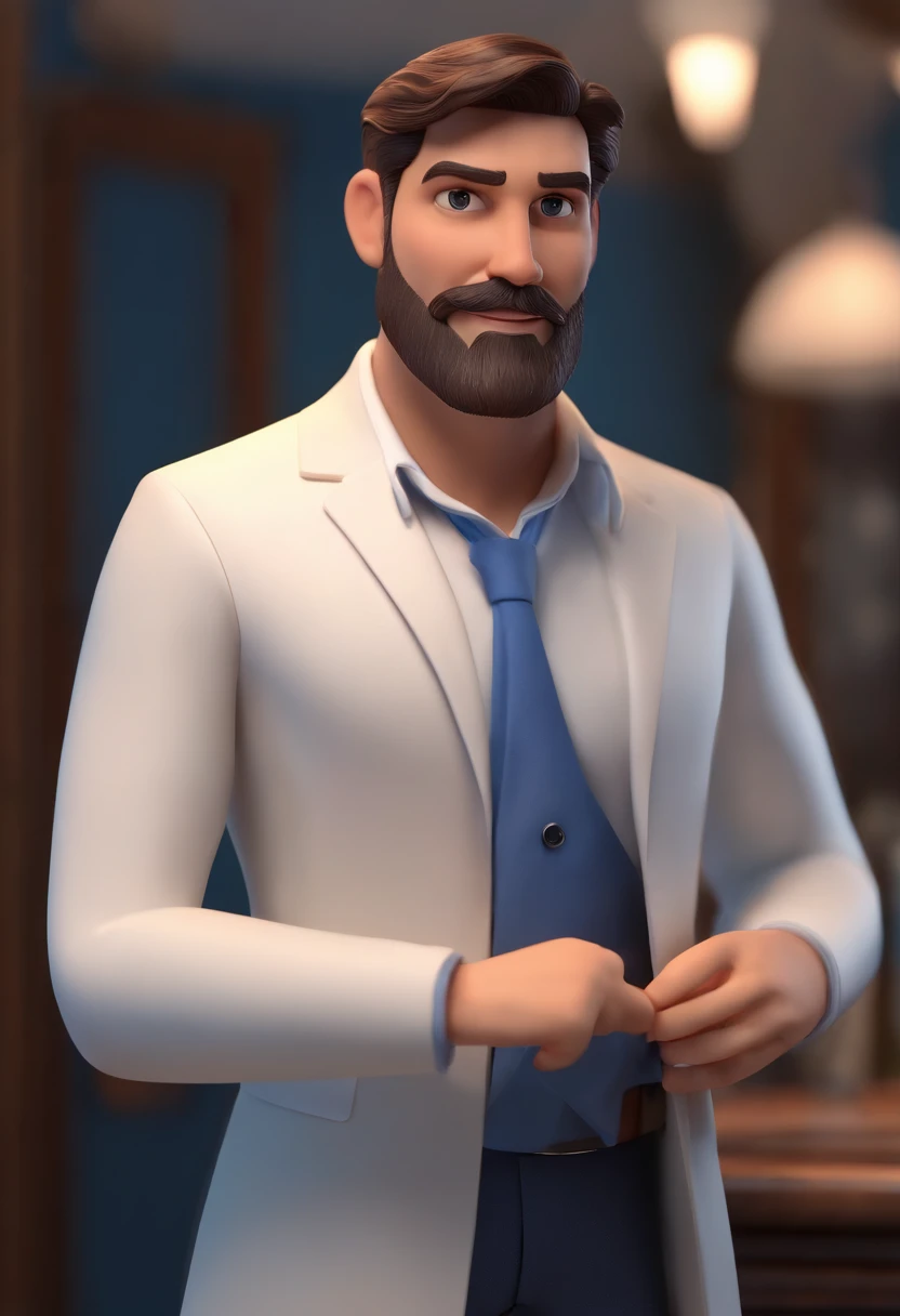Cartoon character of a tall man with a small beard with white shirt and blue blazer and dress pants showing the ankle and shoe without socks, animation character, Caractere estilizado, animation style rendering, 3D estilizado, Arnold Maya render, 3 d render stylized, toon render keyshot, Personagem 3D, Personagem 3D, 3d rendering stylized, 3 d character render, personagem de desenho animado, Personagem de close up, Pose de personagem, (Estilo Pixar) (master part:1.2) (Bokeh) (melhor qualidade) (pele detalhada) (textura detalhada) (8k) (argila) (Cinematic lighting) (foco nítido