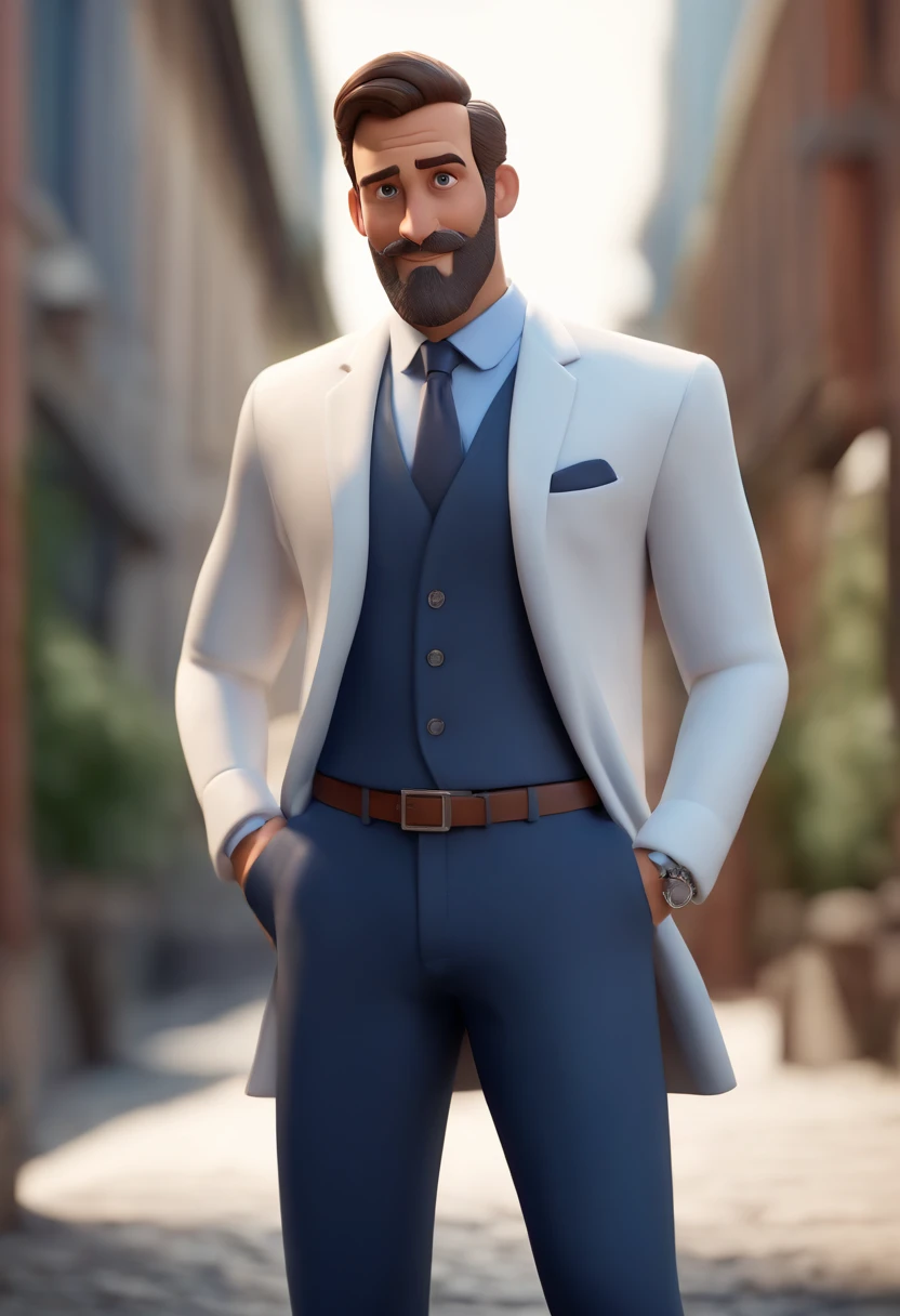 Cartoon character of a tall man with a small beard with white shirt and blue blazer and dress pants showing the ankle and shoe without socks, animation character, Caractere estilizado, animation style rendering, 3D estilizado, Arnold Maya render, 3 d render stylized, toon render keyshot, Personagem 3D, Personagem 3D, 3d rendering stylized, 3 d character render, personagem de desenho animado, Personagem de close up, Pose de personagem, (Estilo Pixar) (master part:1.2) (Bokeh) (melhor qualidade) (pele detalhada) (textura detalhada) (8k) (argila) (Cinematic lighting) (foco nítido