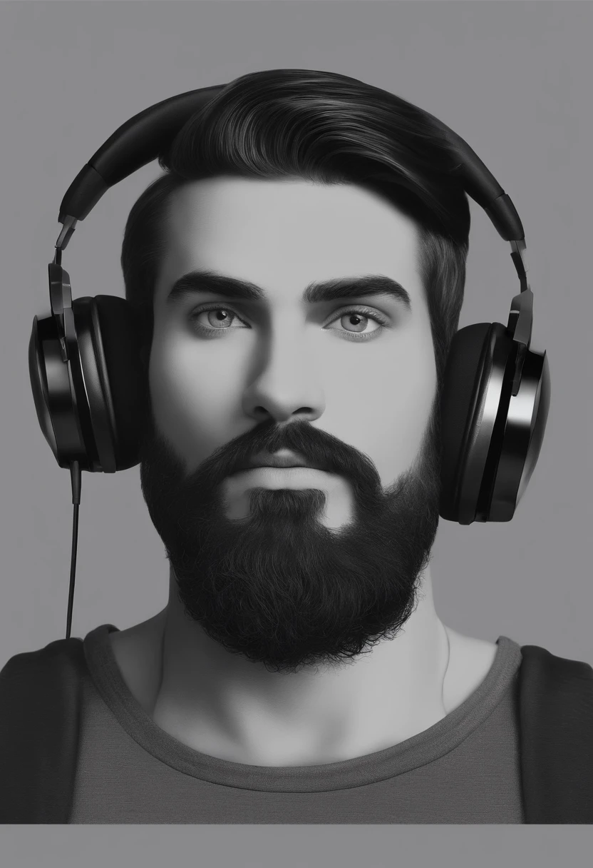 um homem, jovem , barba longa preta , olhos castanhos, cabelo raspado ,The Tattooed Arms,com fones de ouvido, A music studio in the background, Imagem no estilo Pixar, Estilo de filme animado 3D, Disney, camiseta preta
