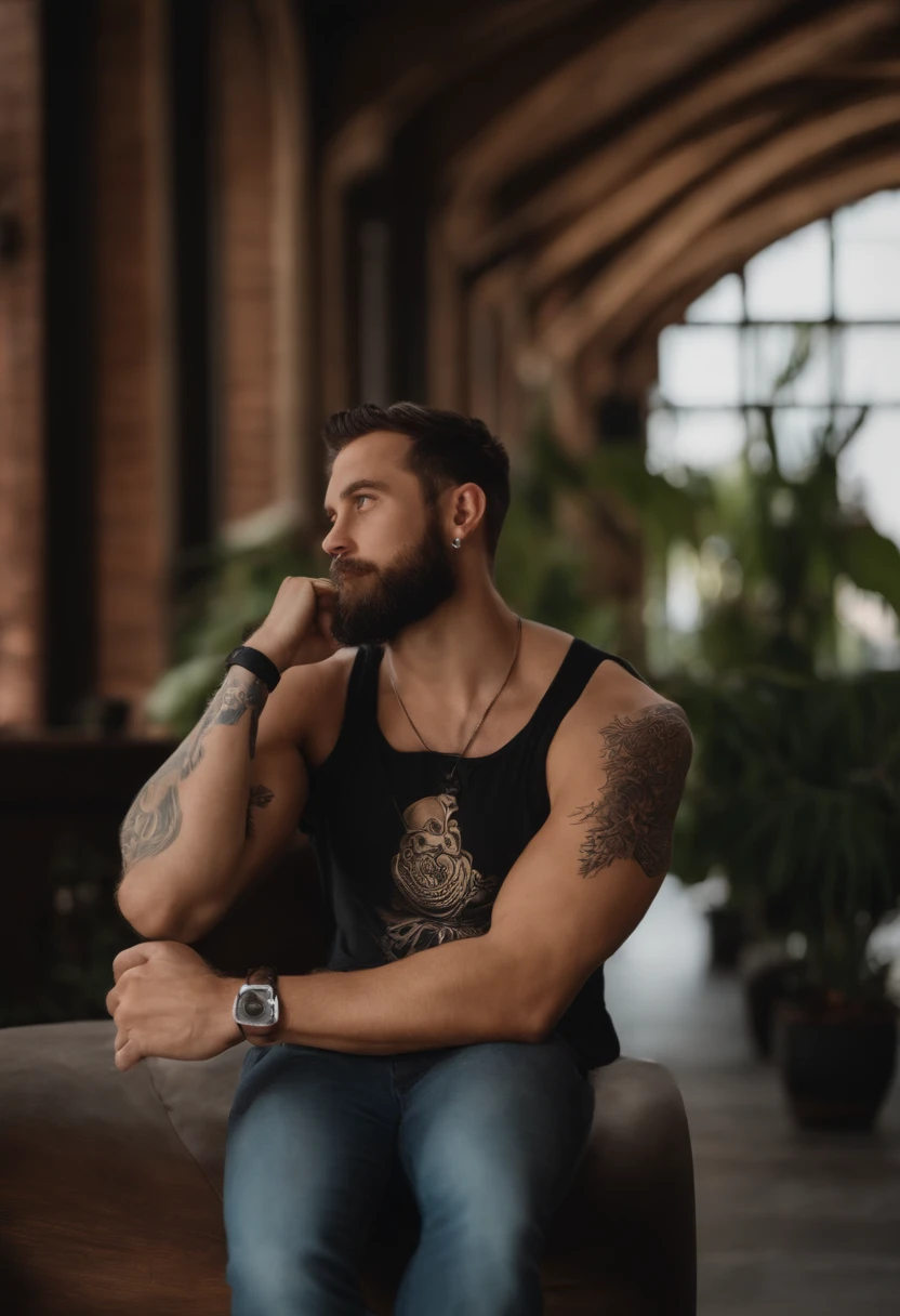 um homem, jovem , barba longa preta , olhos castanhos, cabelo raspado ,The Tattooed Arms,com fones de ouvido, A music studio in the background, Imagem no estilo Pixar, Estilo de filme animado 3D, Disney, camiseta preta