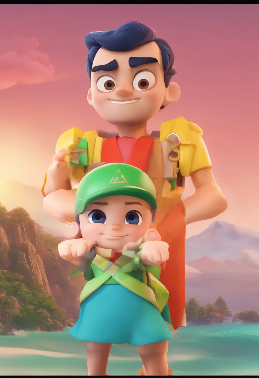 Estilo Pixar: fami, Um pai moreno com cabelos pretos curtos, cabelo estilo caesar haircut e barba curta preta, with green eyes and an average physique, Fair-skinned mother with long blonde hair and green eye, com um corpo bonito. Uma  com olho azul, com o cabelo longo, liso e loiro e um menino com 12 an olho azul,belo na cor loiro, cabelo curto estilo side part pompadour. Background of a mountain by the sea