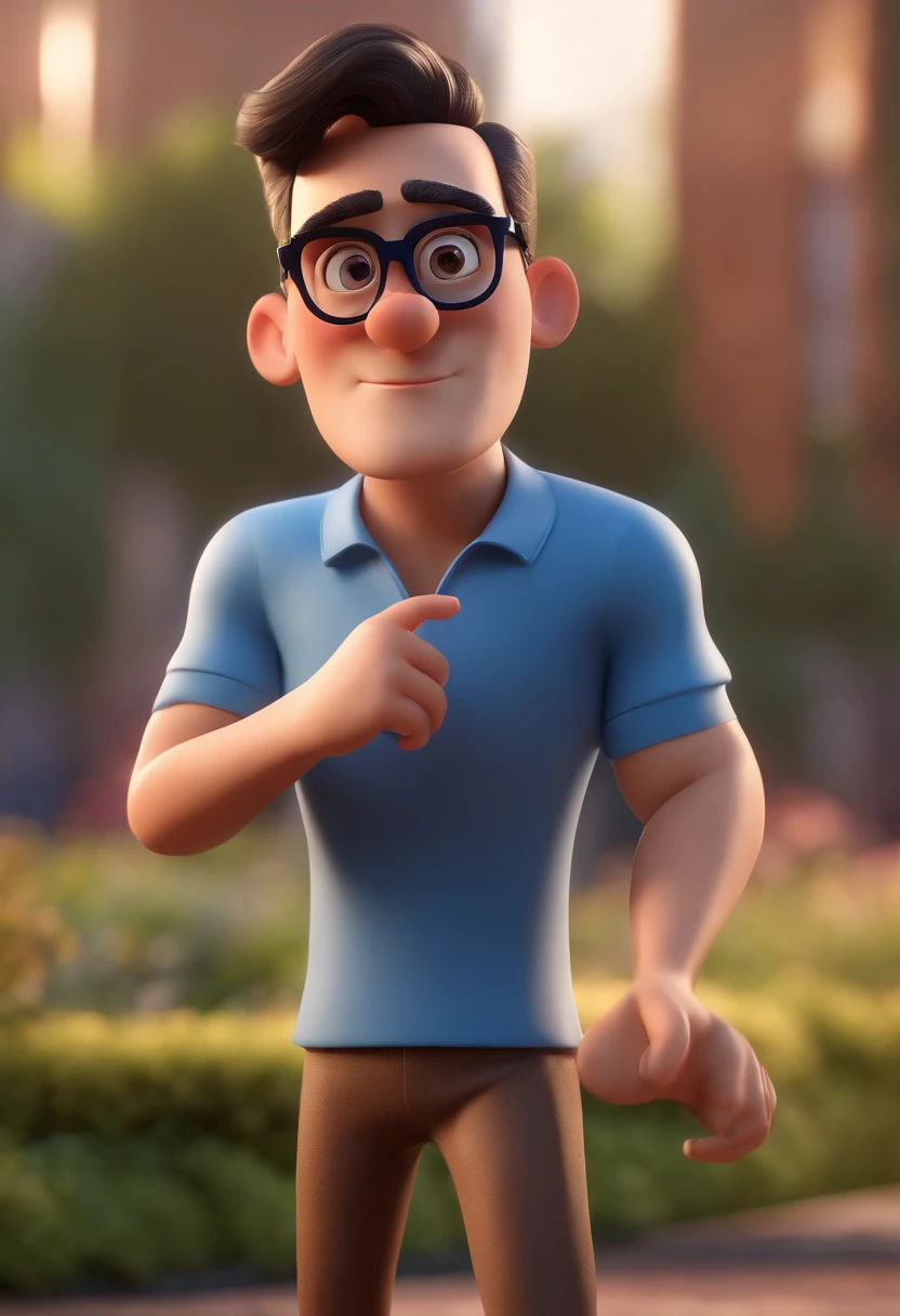 Cartoon character of a man with black glasses and a blue shirt, animation character, Caractere estilizado, animation style rendering, 3D estilizado, Arnold Maya render, 3 d render stylized, toon render keyshot, Personagem 3D, Personagem 3D, 3d rendering stylized, 3 d character render, personagem de desenho animado, Personagem de close up, Pose de personagem,  (Estilo Pixar) (master part:1.2) (Bokeh) (best quality) (pele detalhada) (textura detalhada) (8k) (argila) (Cinematic lighting) (foco nítido