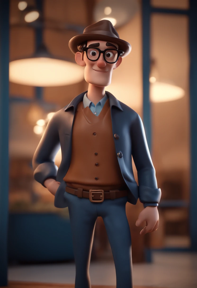 Cartoon character of a man with black glasses and a blue shirt, animation character, Caractere estilizado, animation style rendering, 3D estilizado, Arnold Maya render, 3 d render stylized, toon render keyshot, Personagem 3D, Personagem 3D, 3d rendering stylized, 3 d character render, personagem de desenho animado, Personagem de close up, Pose de personagem,  (Estilo Pixar) (master part:1.2) (Bokeh) (best quality) (pele detalhada) (textura detalhada) (8k) (argila) (Cinematic lighting) (foco nítido