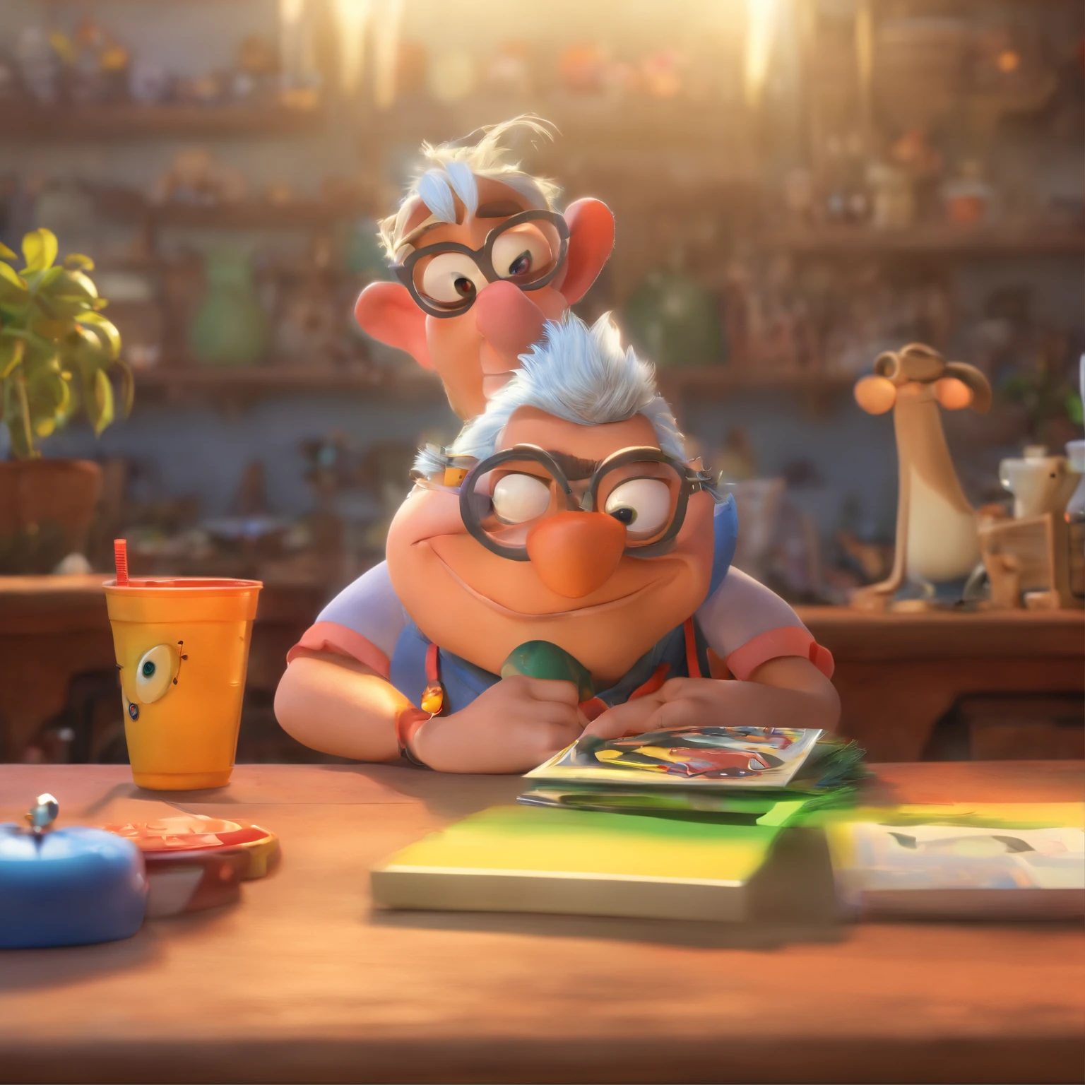 Crie um cartaz inspirado na Disney Pixar com o personagem sendo o deputado Keniston Braga, A white-haired man wearing glasses, the scene will be in Pixar's distinctive digital art style. Focus on character expressions, Vibrant colors and detailed textures present your animations, with the title " Keniston Braga no meio, Quero a cena dos principais filmes do PIXar