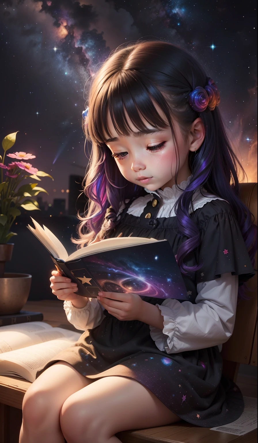  sitting in starry sky reading colorful shining book, Rainbow color space nebula sky background, Stars, intergalactic，lovely woman, --auto