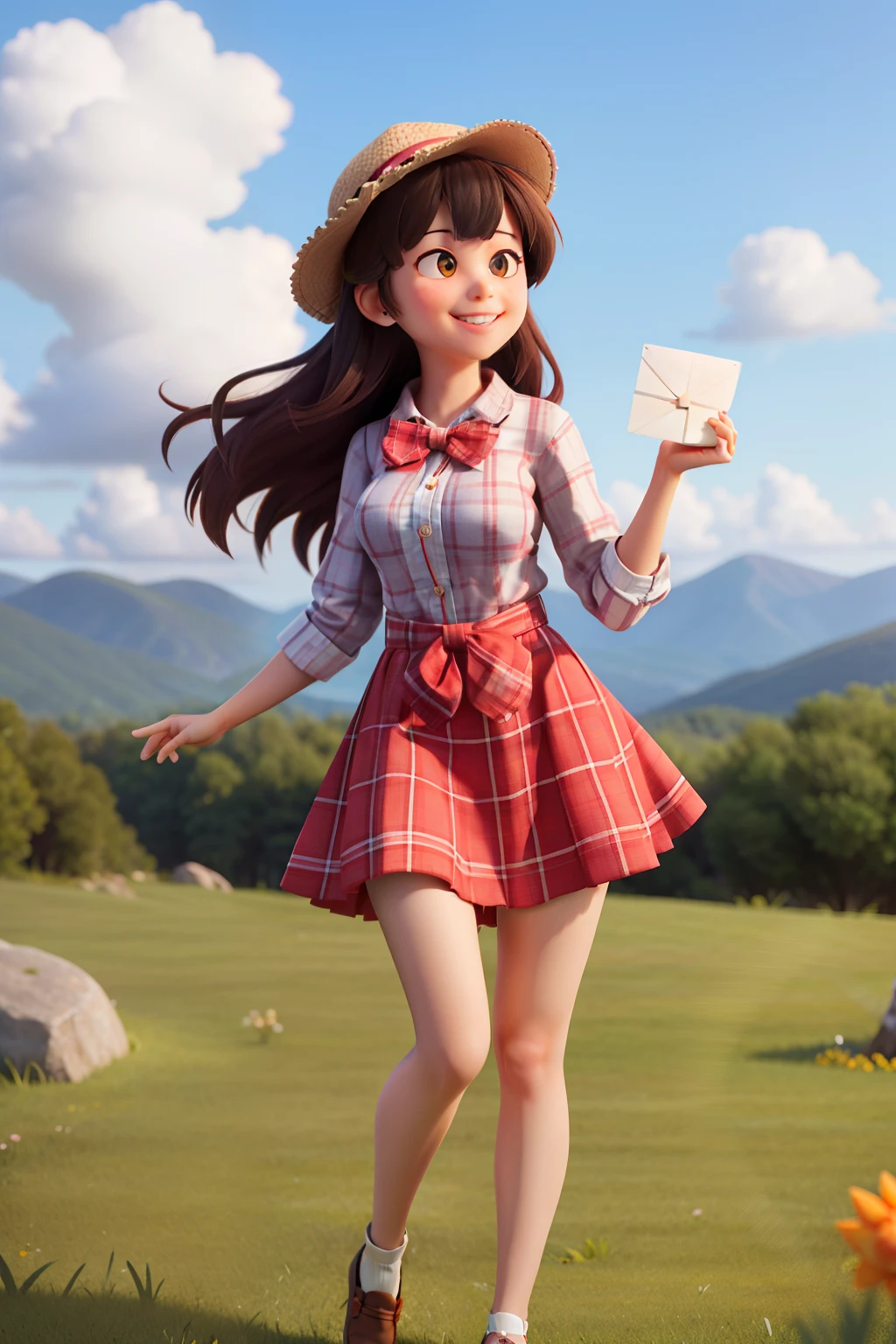 masterpiece, high quality best quality,1girl, bangs, beach, blue_sky, blush, bow, breasts, checkered, checkered_shirt, checkered_skirt, cloud, cloudy_sky, collarbone, day, envelope, giving, grass, hair_bow, heart, holding, holding_letter, horizon, incoming_gift, kazami_yuuka, leaning_forward, lens_flare, letter, light_rays, long_hair, looking_at_viewer, love_letter, mountain, mountainous_horizon, ocean, outdoors, plaid, plaid_background, plaid_bikini, plaid_bow, plaid_bowtie, plaid_bra, plaid_dress, plaid_headwear, plaid_jacket, plaid_legwear, plaid_necktie, plaid_neckwear, plaid_panties, plaid_pants, plaid_ribbon, plaid_scarf, plaid_shirt, plaid_skirt, plaid_vest, pov, shirt, skirt, sky, smile, solo, sun, sunbeam, sunlight, tree, unmoving_pattern