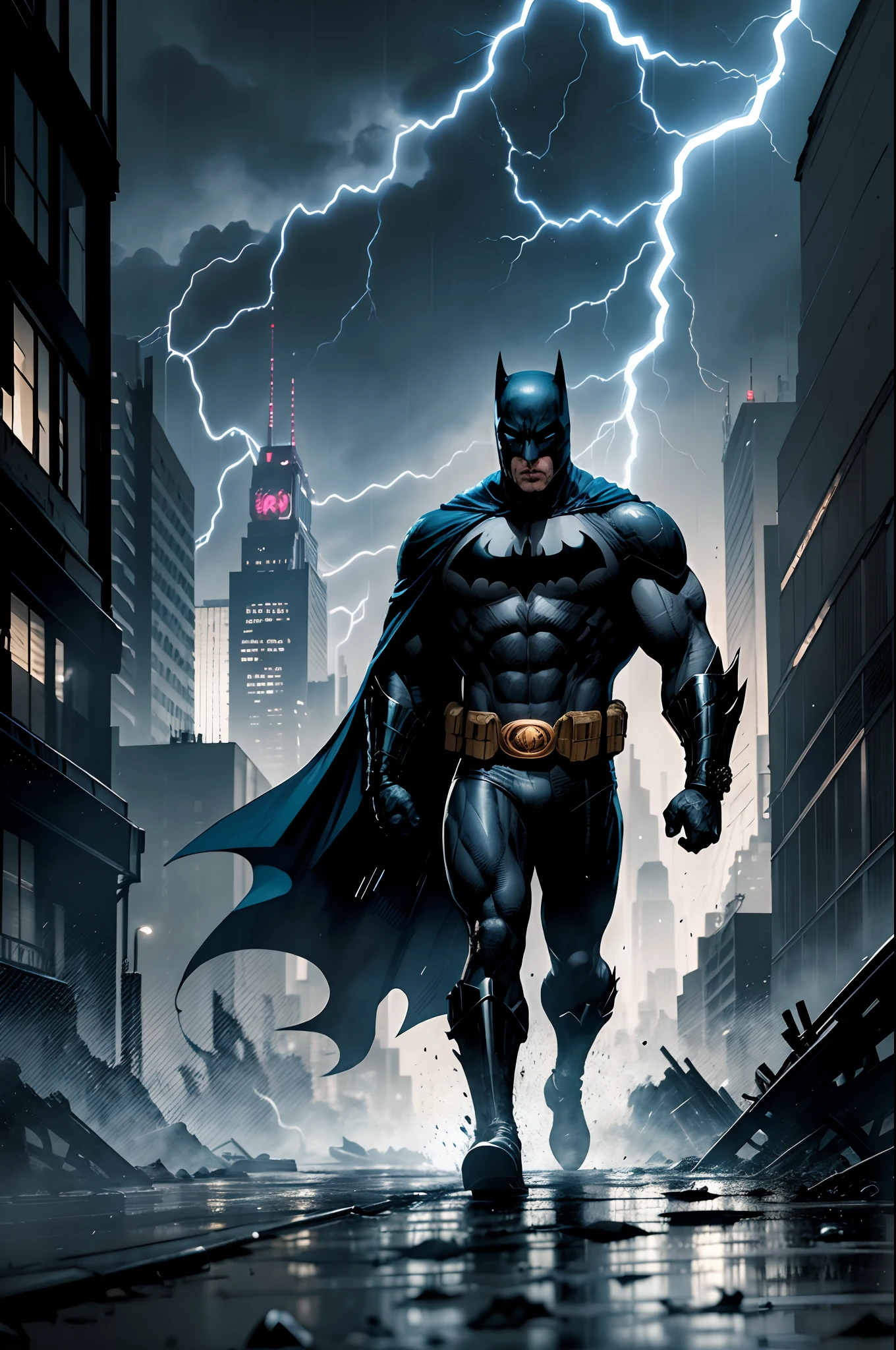 Nas ruas sombrias de Gotham, Torrential rain falls relentlessly as white and blue lightning tears across the night sky. O Batman, ferido e exausto, Face off against a horde of bloodthirsty criminals. Your body is a target for deep cuts, Bathing the night in a red hue of violence. The fight is fierce, but the Dark Knight doesn't back down. Correndo perigo de vida, ele se ergue contra as adversidades, determined to deliver justice amidst the storm of Gotham's darkness. In the midst of all this, include many explosions, sangue nas ruas e paredes, a meteor falling from the open sky to the ground in Gotham.