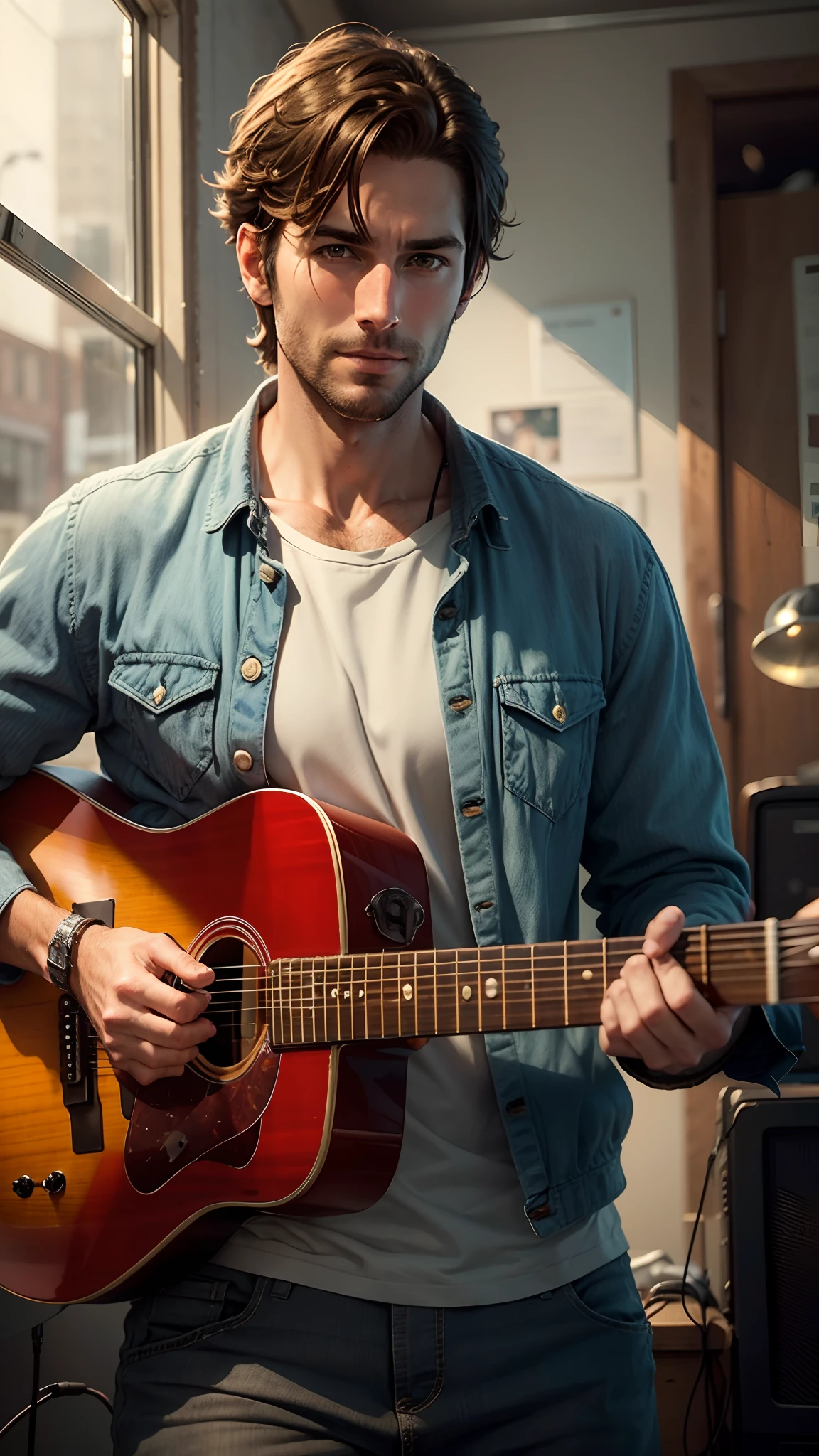 American male character, 32 years old, friendly face, brown eyes, normal clothes, playing guitar