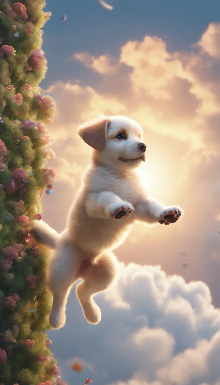 Puppy climbing through white clouds. ( Reasonable design, linhas claras, Alta nitidez,melhor qualidade, Muito detalhado, obra prima, Efeito de luz do filme, 4k )