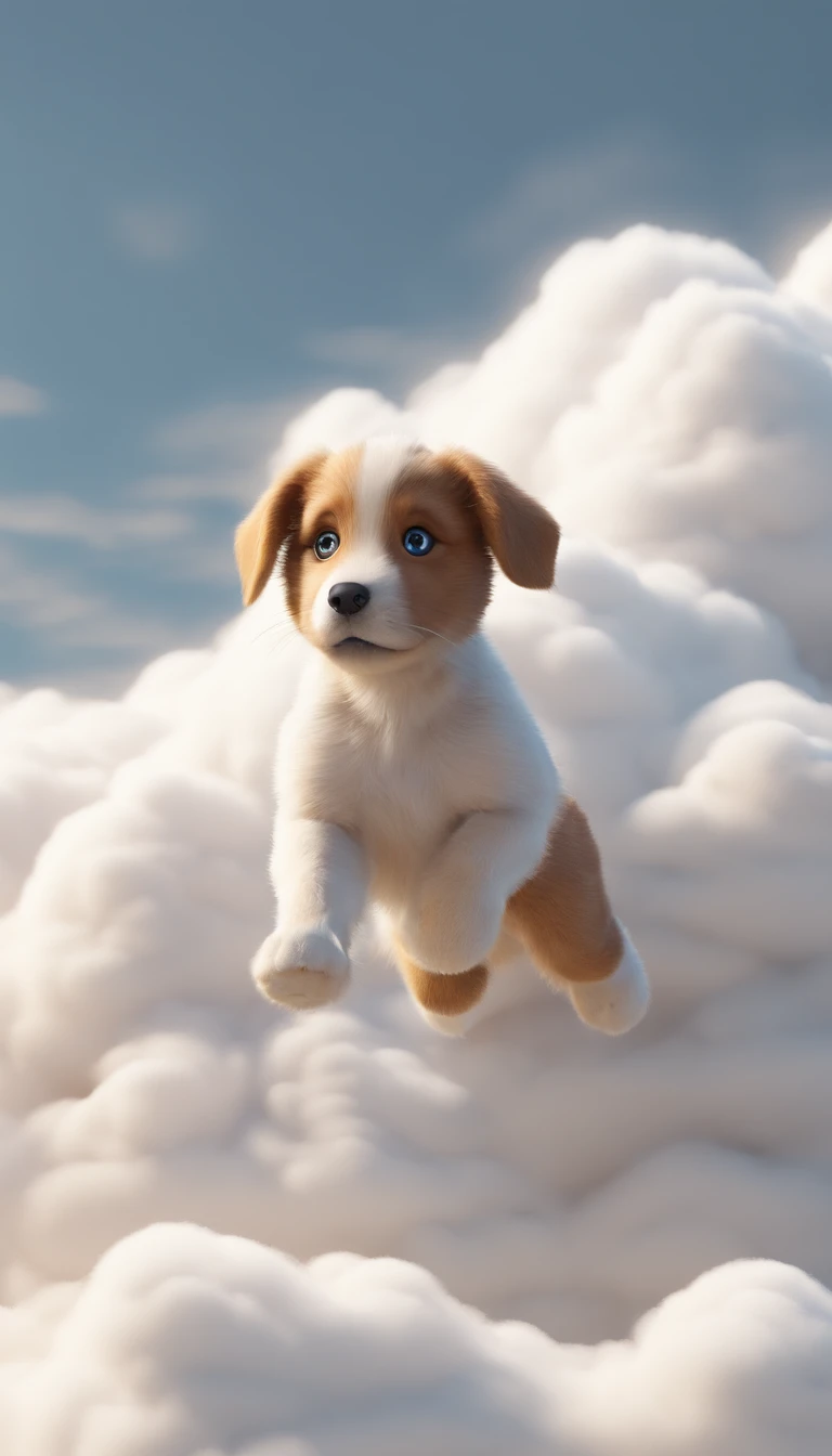 Puppy climbing through white clouds. ( Reasonable design, linhas claras, Alta nitidez,melhor qualidade, Muito detalhado, obra prima, Efeito de luz do filme, 4k )