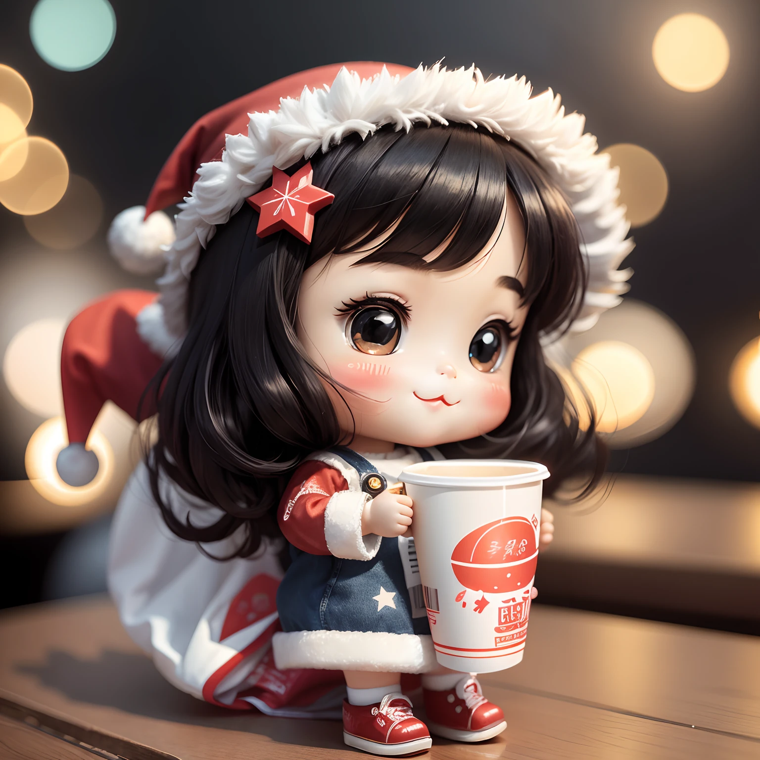 There is a small doll on the lid of the cup noodles、The doll is a cute  girl dressed as Santa Claus with a present、a smile、Chibi Doll、Stars in the eyes（kirakira）、Eye Up、Long Black Hair、Laugh、Cute red shoes、foco nítido, Ultra Detail, radiant light、bio luminescent、Taken from the side、Stronger bokeh effect