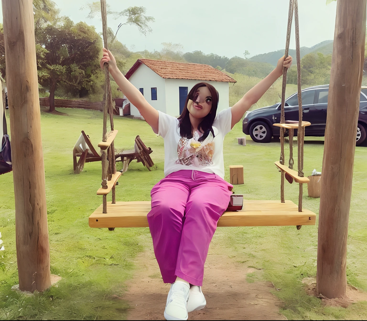 Woman sitting on a swing in a park with her arms up, divertindo-se, em um parque, swing on a tree, Cottagecore!! corpo fitness, sentado relaxado e feliz, no parque, in a scenic background, Directed by: Nandor Soldier, Divirta-se, sitting on a rocking chair, conectado com ponte suspensa!!