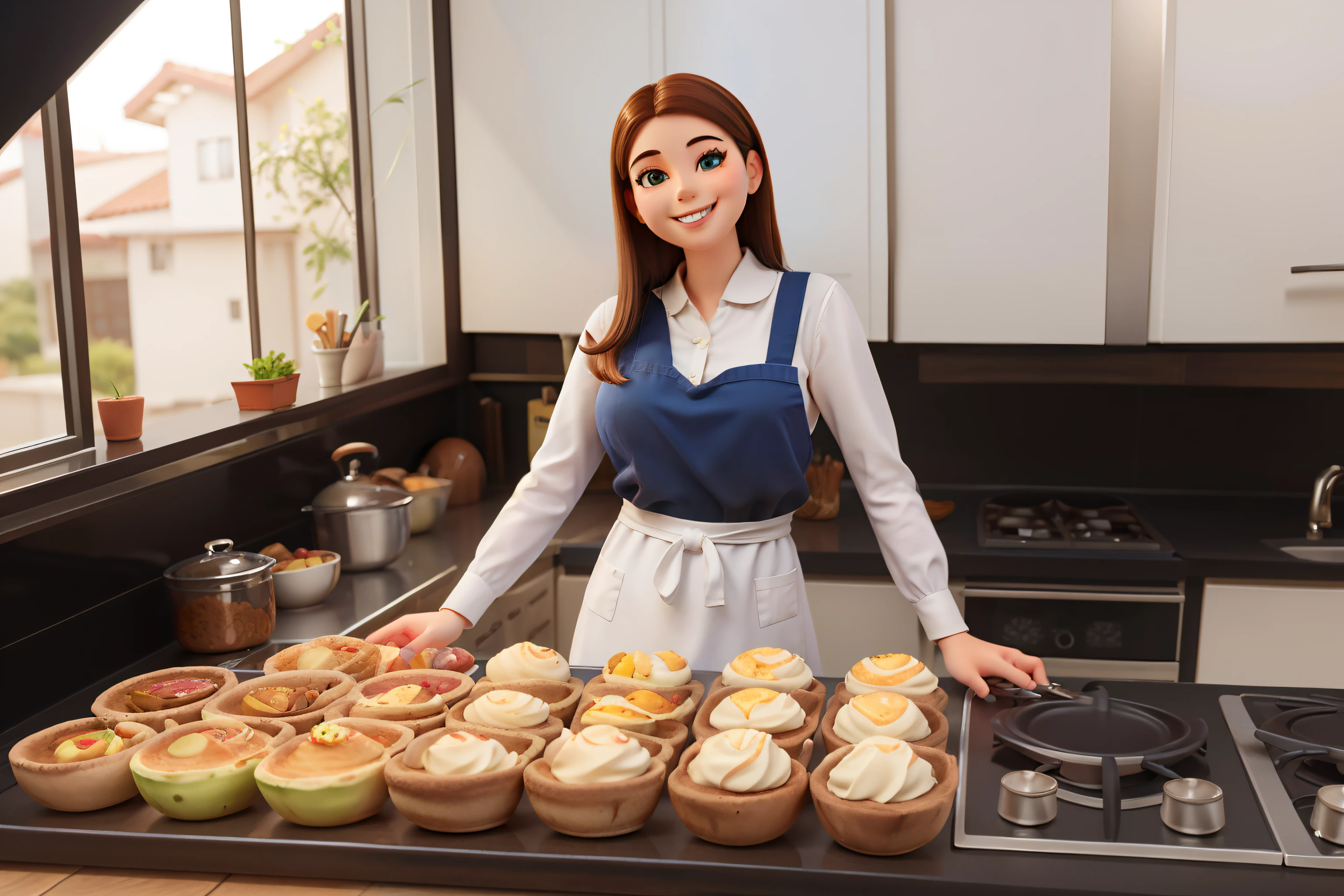 jovem 18 anos ,nome martha, origem brasil, sexo feminino, Branco,cabelo preto.vestindo uma roupa de chefe de cozinha sorrindo fazendo marmitas, estilo pixar