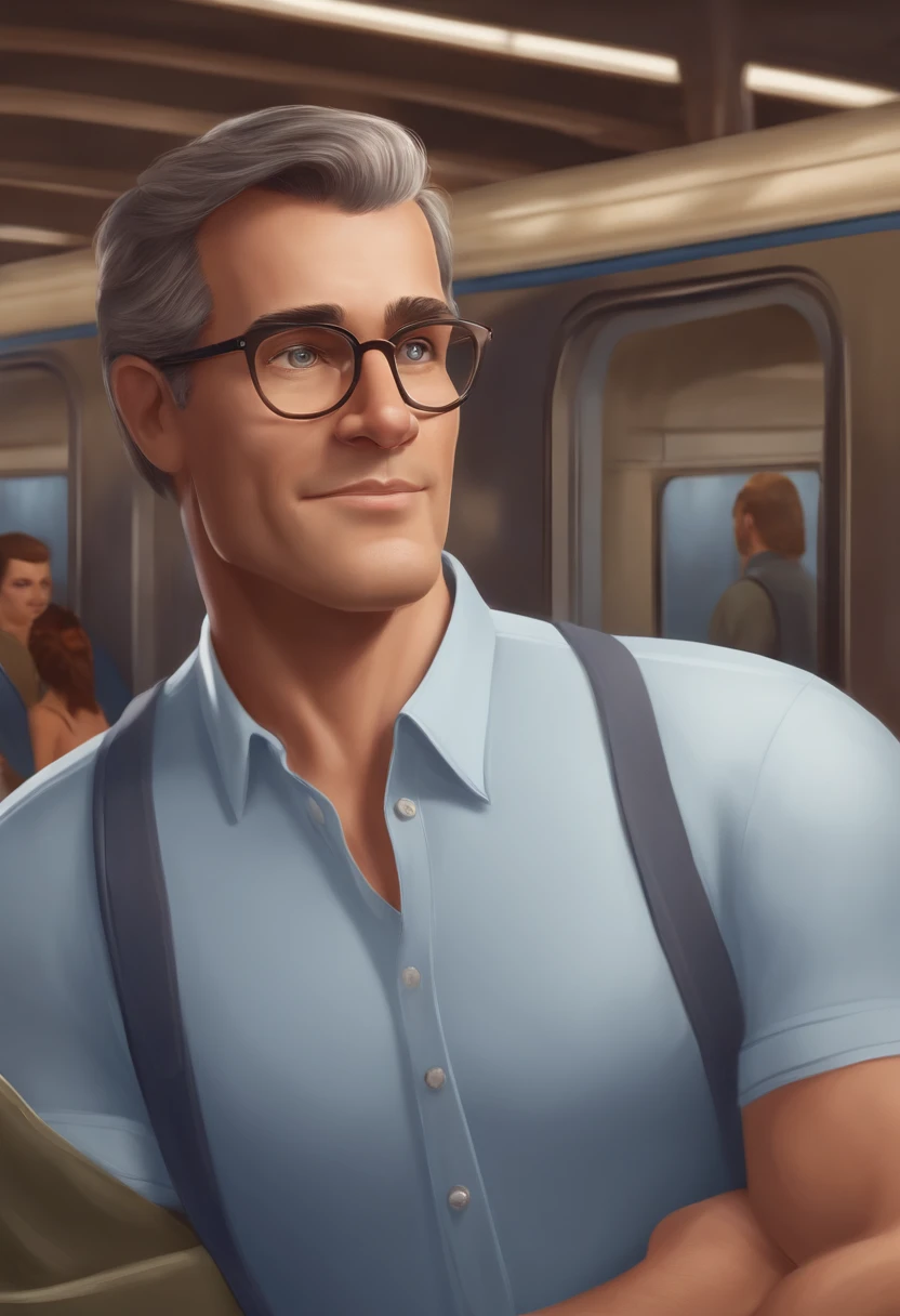 Personagem de desenho animado de um homem de 40 anos, engenheiro, wearing silver-rimmed glasses and a blue shirt, um personagem animado, Caractere estilizado, Pose de personagem, Estilo Pixar, In the background there is a maintenance yard for subway trains