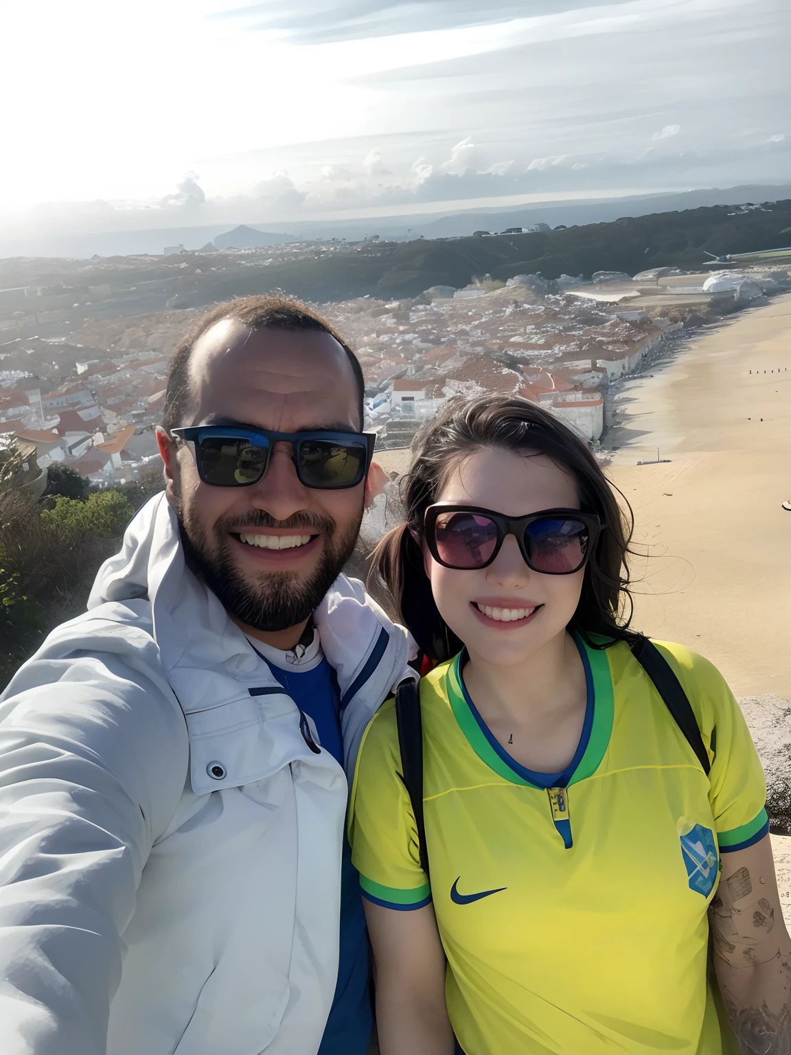 there is a man and woman taking a selfie together, rio de janeiro, with mountains in the background, with mountains in background, david rios ferreira, by Felipe Seade, by Nándor Katona, andrea rocha, malika favre, by Sam Dillemans, caroline gariba, with mountains as background, by Paulus Decker