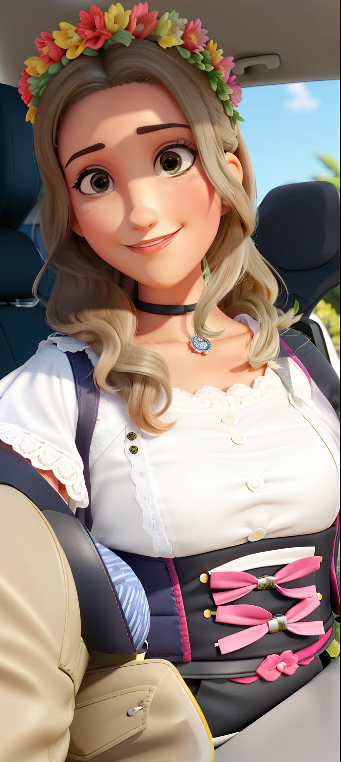 Uma mulher, cabelos loiros, lisos e soltos com um arco de flores pequenas vermelha em brancas. Sentada dentro de um carro, com uma blusa branca tomara que caia e um colete preto com fitas. Dando um sorriso discreto. Colar preto
