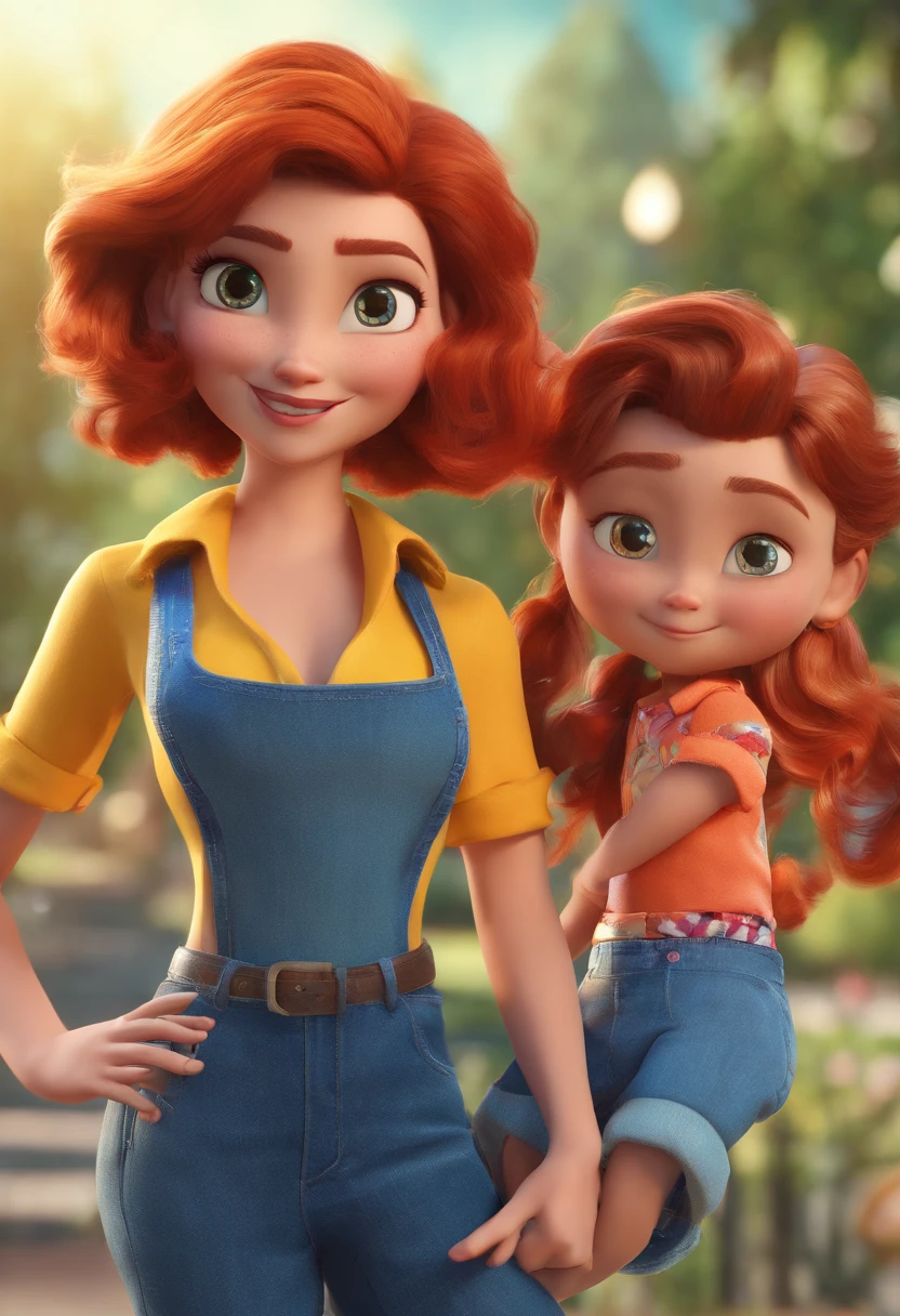Mulher ruiva linda, filho homem pequeno, marido forte, estilo pixar