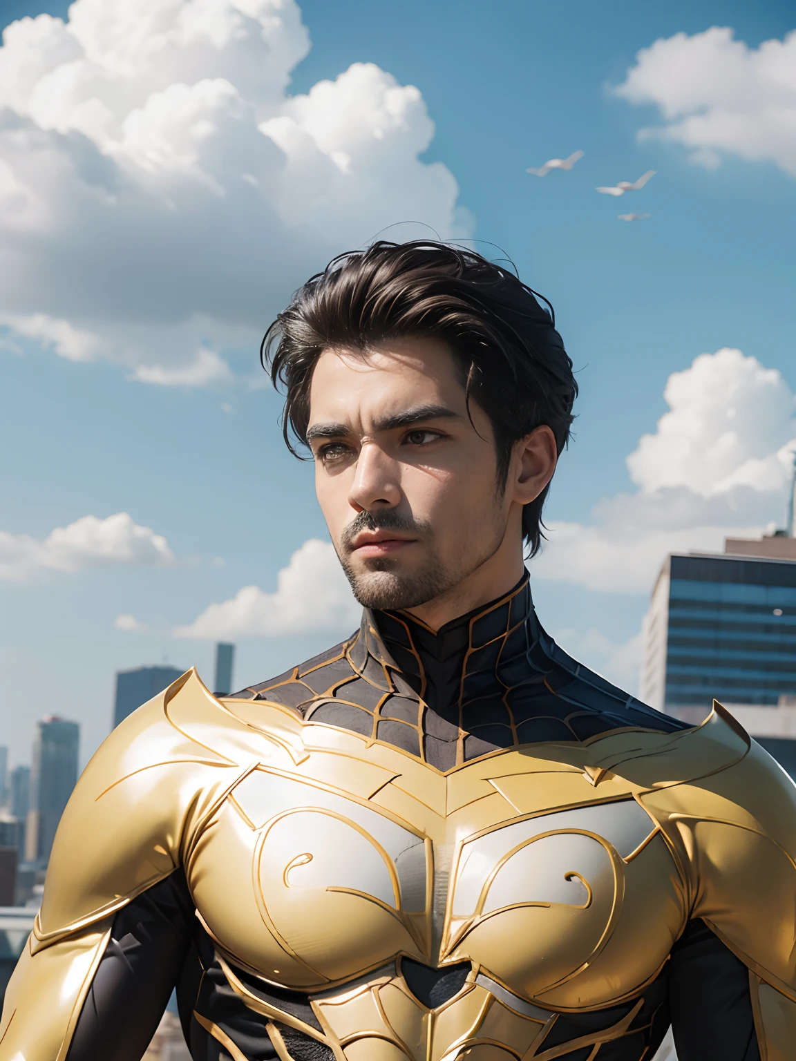 Um homem bonito em um traje de Homem-Aranha, de frente para o espectador, standing on a building, Fundo Urbano, A Melhor Obra-Prima, Very high detail, Realistic, 8k,