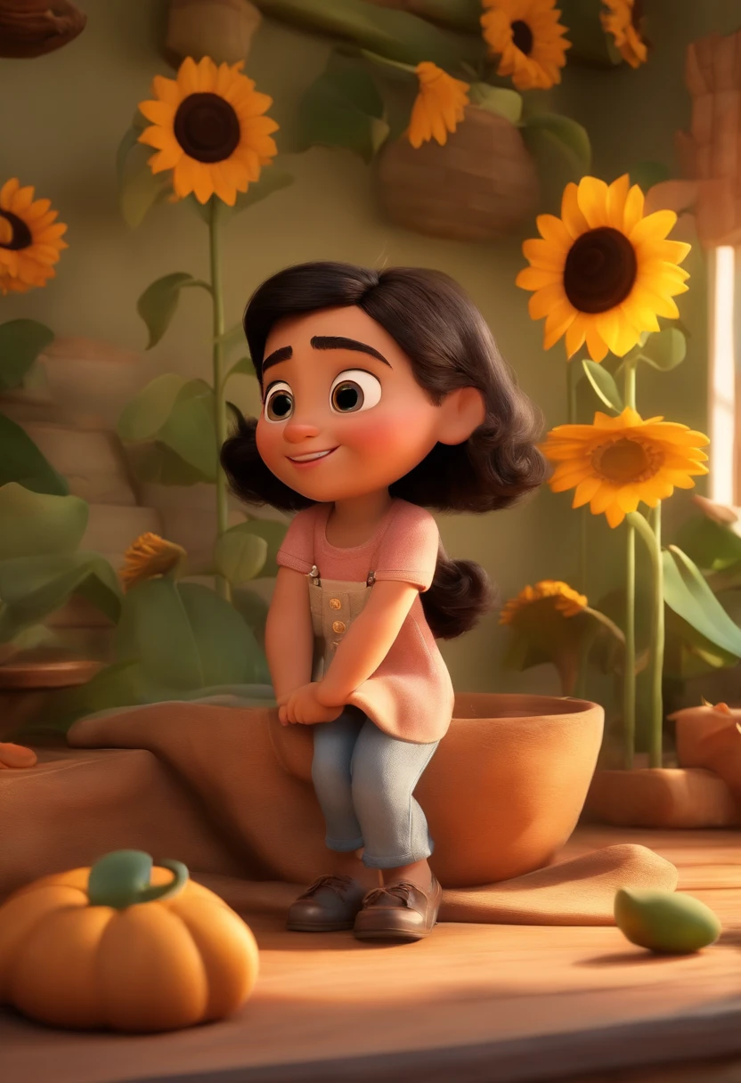 Create a Disney PIXAR-style 3D poster. ((centro da imagem, Triplets)), ((3 children)) ((1 menino no meio e 2 meninas ao lado, They're hugging each other, O menino tem pele castanha e cabelos castanhos escuros e olhos castanhos escuros, 1 menina tem pele clara, olhos e cabelos escuros e cacheados, e a outra menina tem pele morena, olhos escuros e cabelos escuros e lisos)) ((tudo isso no estilo Disney PIXAR 3D, In the background, A house of sunflowers, Gloria Studio, The garden is full of nature 3D render RTX clay material, estilo de design cartunesco, POP Mart, soft lighting, linhas suaves, Spring tilt, Detailed illustrations of PIXAR 3D, Detalhes hiper-realistas, cor quente no estilo Disney PIXAR 3D))