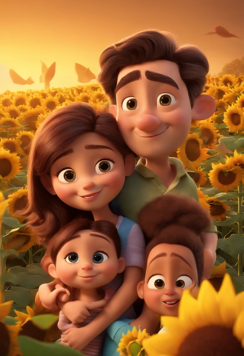Create a Disney PIXAR-style 3D poster. ((centro da imagem, Triplets)), ((3 )) ((1 menino no meio e 2 meninas ao lado, They're hugging each other, O menino tem pele castanha e cabelos castanhos escuros e olhos castanhos escuros, 1 menina tem pele clara, olhos e cabelos escuros e cacheados, e a outra menina tem pele morena, olhos escuros e cabelos escuros e lisos)) ((tudo isso no estilo Disney PIXAR 3D, In the background, A house of sunflowers, Gloria Studio, The garden is full of nature 3D render RTX clay material, estilo de design cartunesco, POP Mart, soft lighting, linhas suaves, Spring tilt, Detailed illustrations of PIXAR 3D, Detalhes hiper-realistas, cor quente no estilo Disney PIXAR 3D))