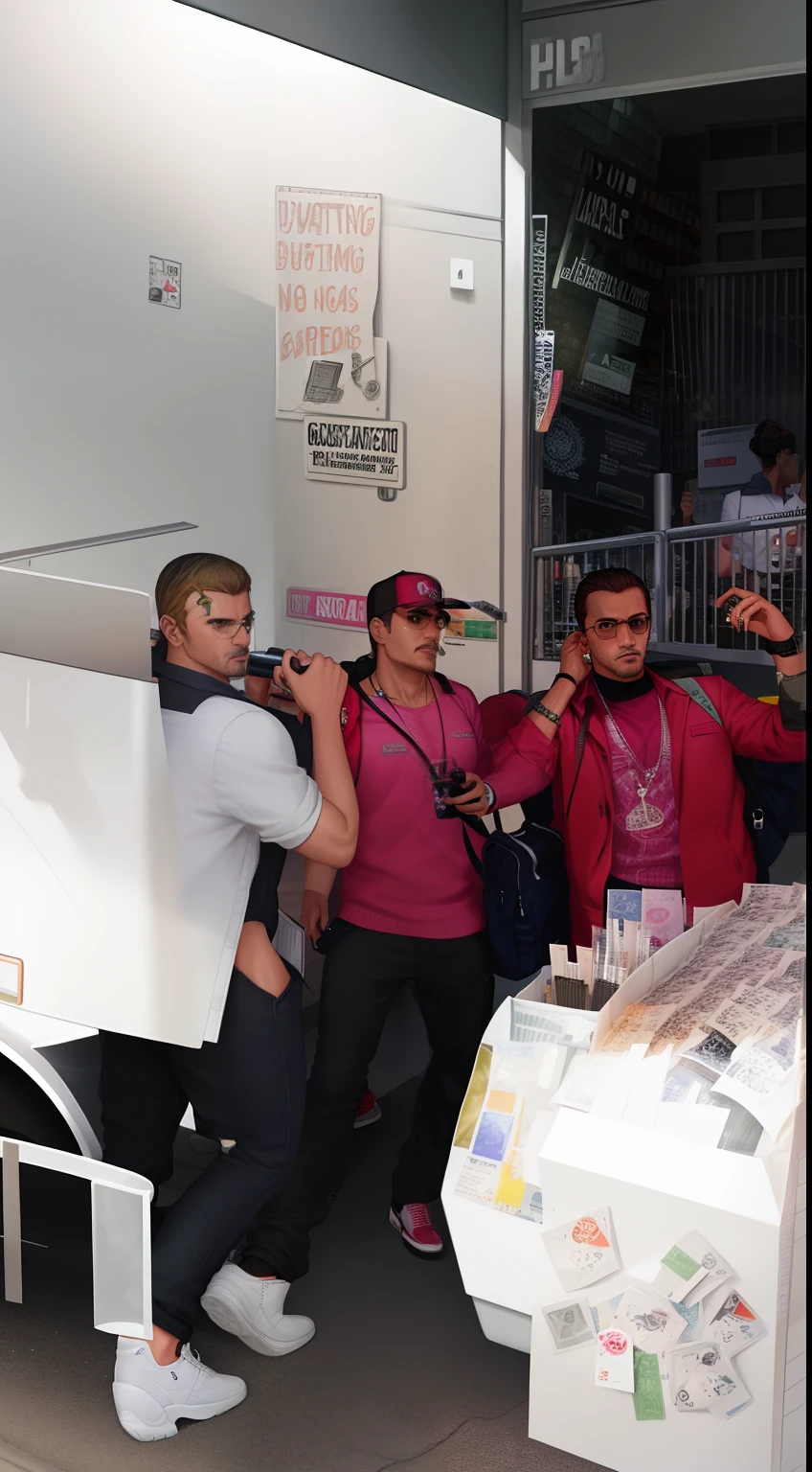 GTA 6 Design, Friends ((gangsters)) leaving the bank, they just stole bags full of money, backpacks, weapons, realistic color illustration, award-winning color illustration, (complicated detail), (fine detail)