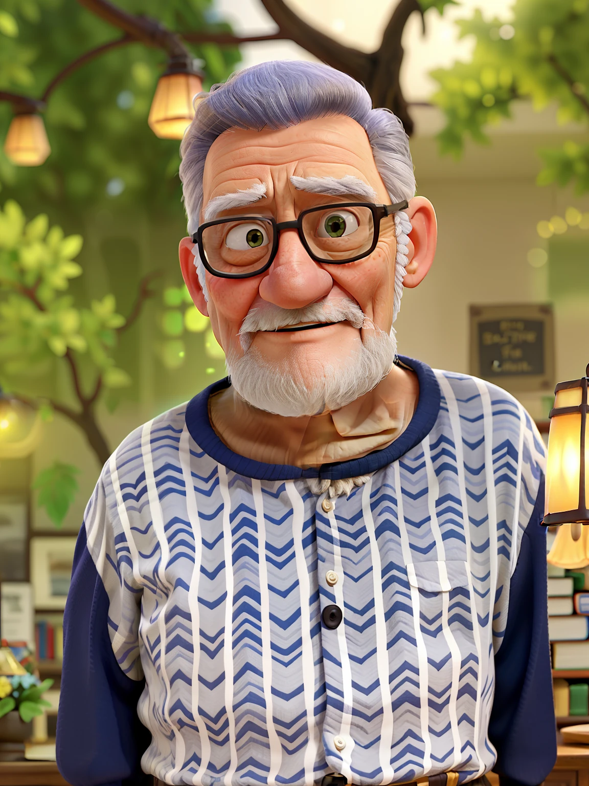 A wise old man standing in front, illuminated by the light of a lamp, against the backdrop of a library