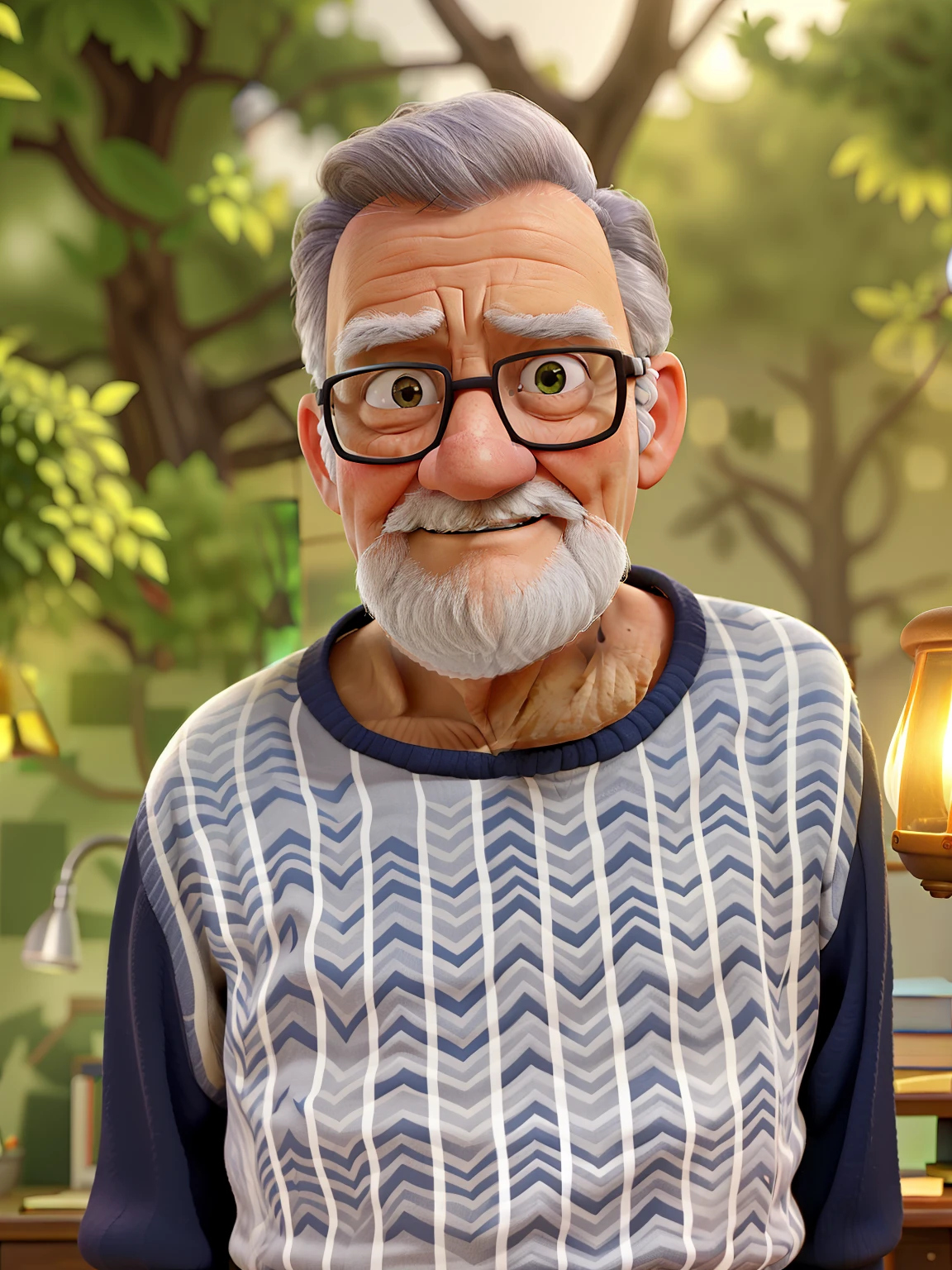 A wise old man standing in front, illuminated by the light of a lamp, against the backdrop of a library