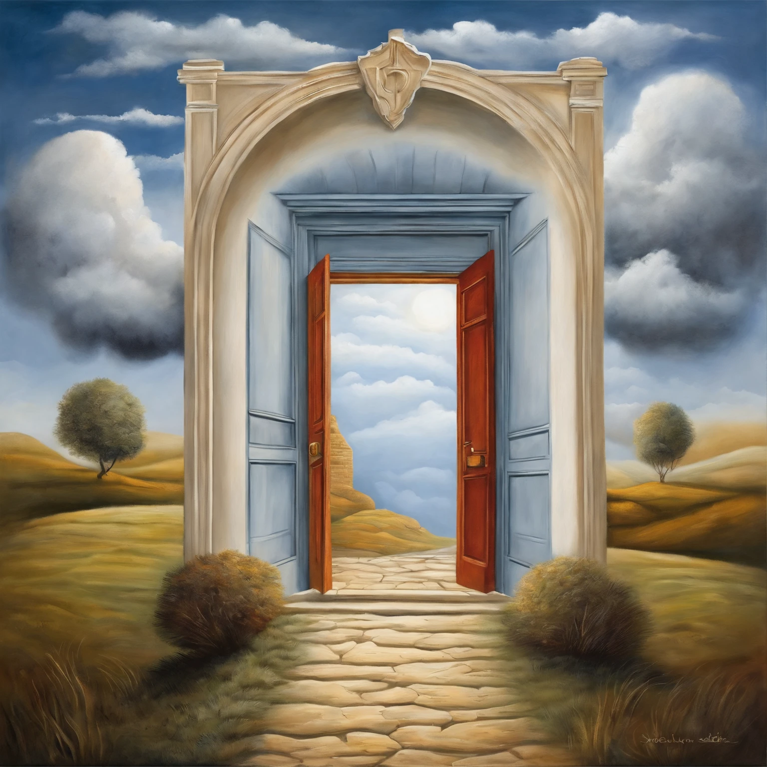 A door that leads to a cloud in the sky, nuvens hiper realistas, sol penetrando nas nuvens, Dreams invade mundane spaces, Nuvens surreais, Surrealismo!!!!, Arte surrealista, magic portal in the sky, Surrealismo caprichoso, Portal dos Sonhos, em uma nuvem, In the style of René Magritte, fotografia surrealista, Opening the portal to another dimension, Portal to heaven.