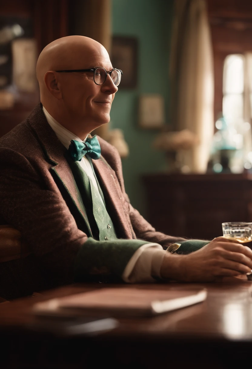 Criar uma imagem de Disney pixar de um advogado do sexo masculino com 40 anos de idade, Bald Man Wearing Glasses Dress