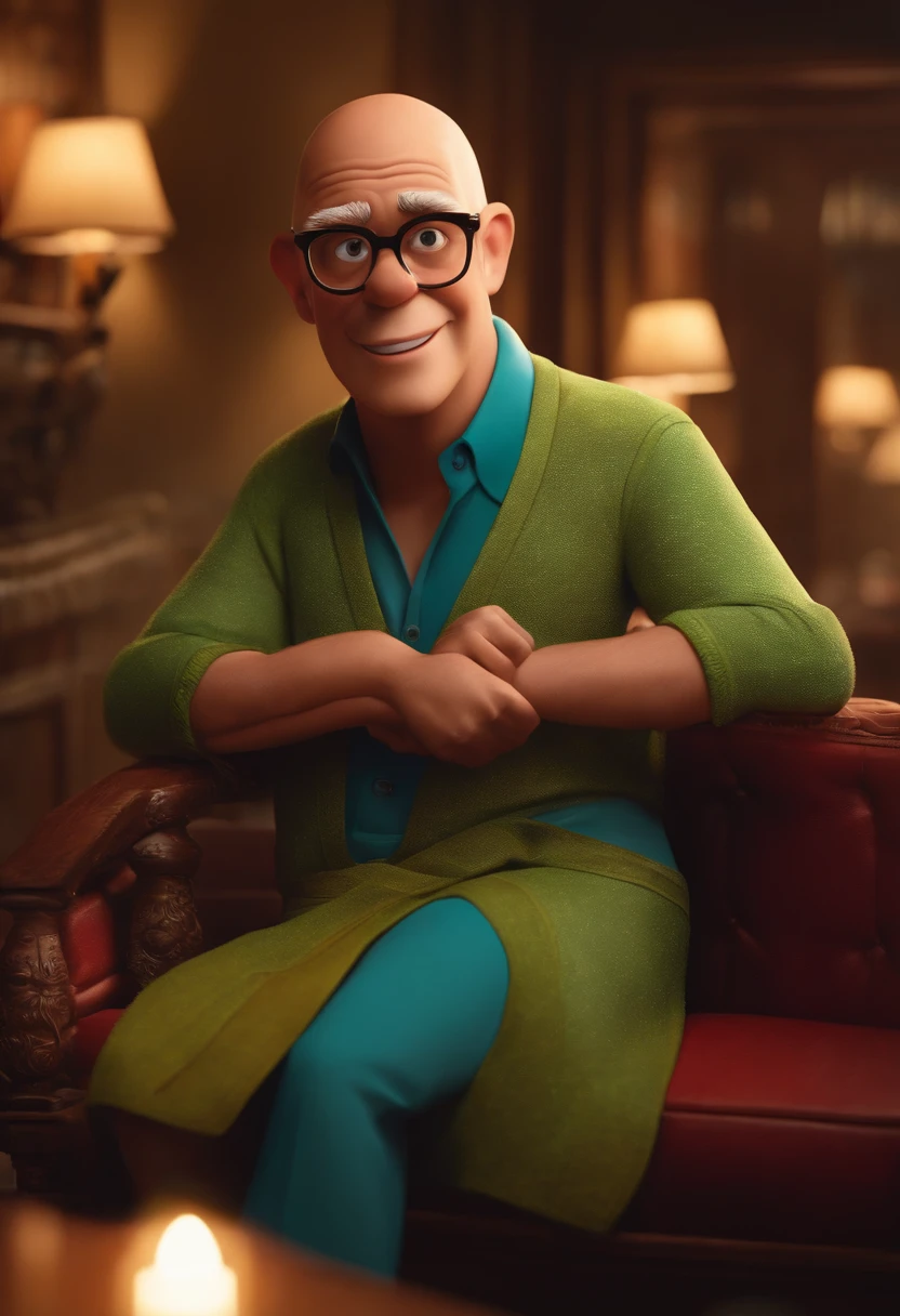 Criar uma imagem de Disney pixar de um advogado do sexo masculino com 40 anos de idade, Bald Man Wearing Glasses Dress