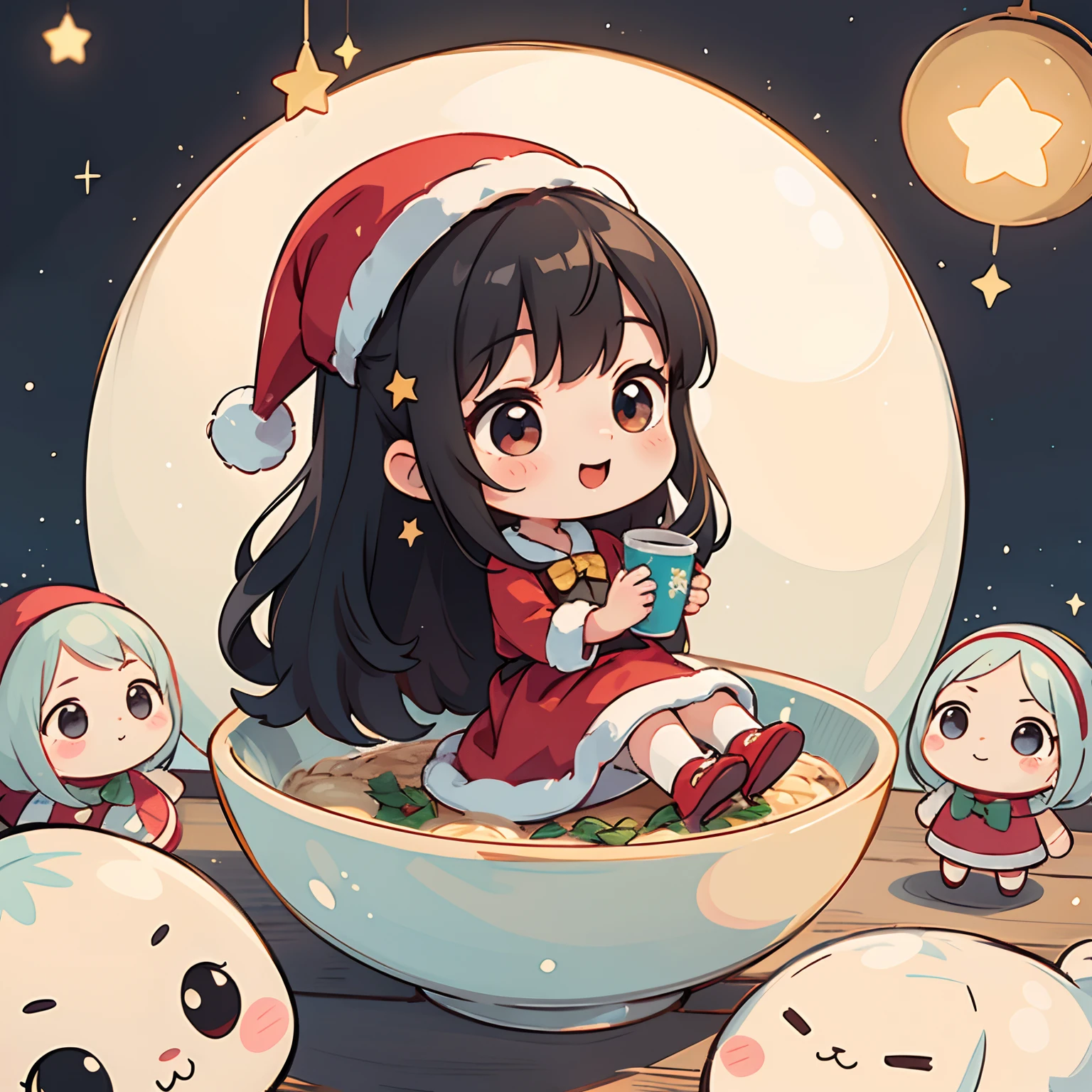 A small doll rests on the lid of a cup of noodles、The doll is a cute girl dressed as Santa Claus and a present、A smile、Chibi Doll、Stars in the eyes(kirakira)、Eye Up、Long Black Hair、Laugh、Cute red shoes、foco nítido, Ultra Detail, radiant light、bio luminescent、Taken from the side、Stronger bokeh effect