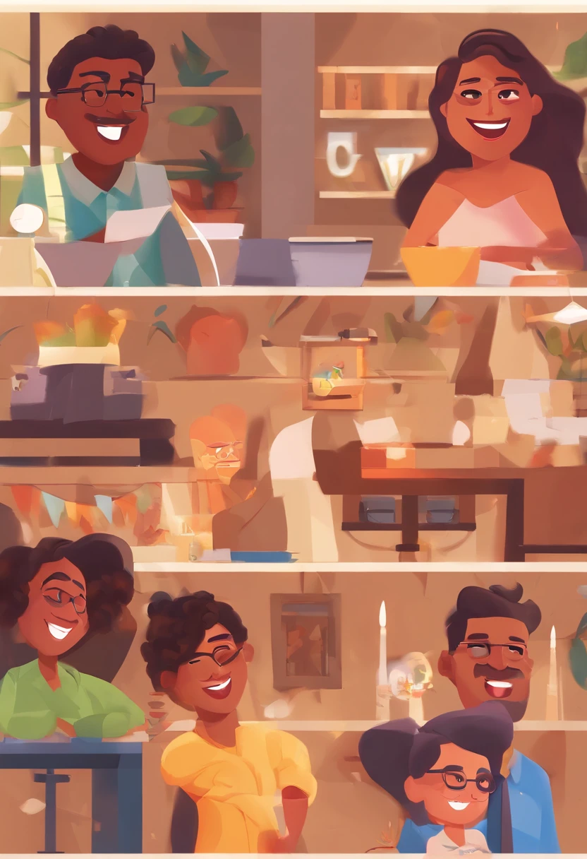 An illustration of an adorable couple, Highlight for a chubby mulatto man with smiling glasses and a brunette woman with beautiful expressive eyes - the man's skin is mulatto and the man's hair has, while the woman's skin is black and the woman's hair is straight and brown. They are a bright room, cada um com um sorriso no rosto, e compartilhar um momento especial caracterizado pelo amor, Insights. Illustrate this scene from a perspective where they are facing the camera, Smiling and Showing Your Connection. Desenvolva esta arte em Full HD, Focus on your cinematic touch, Estilo Disney Pixar Animations