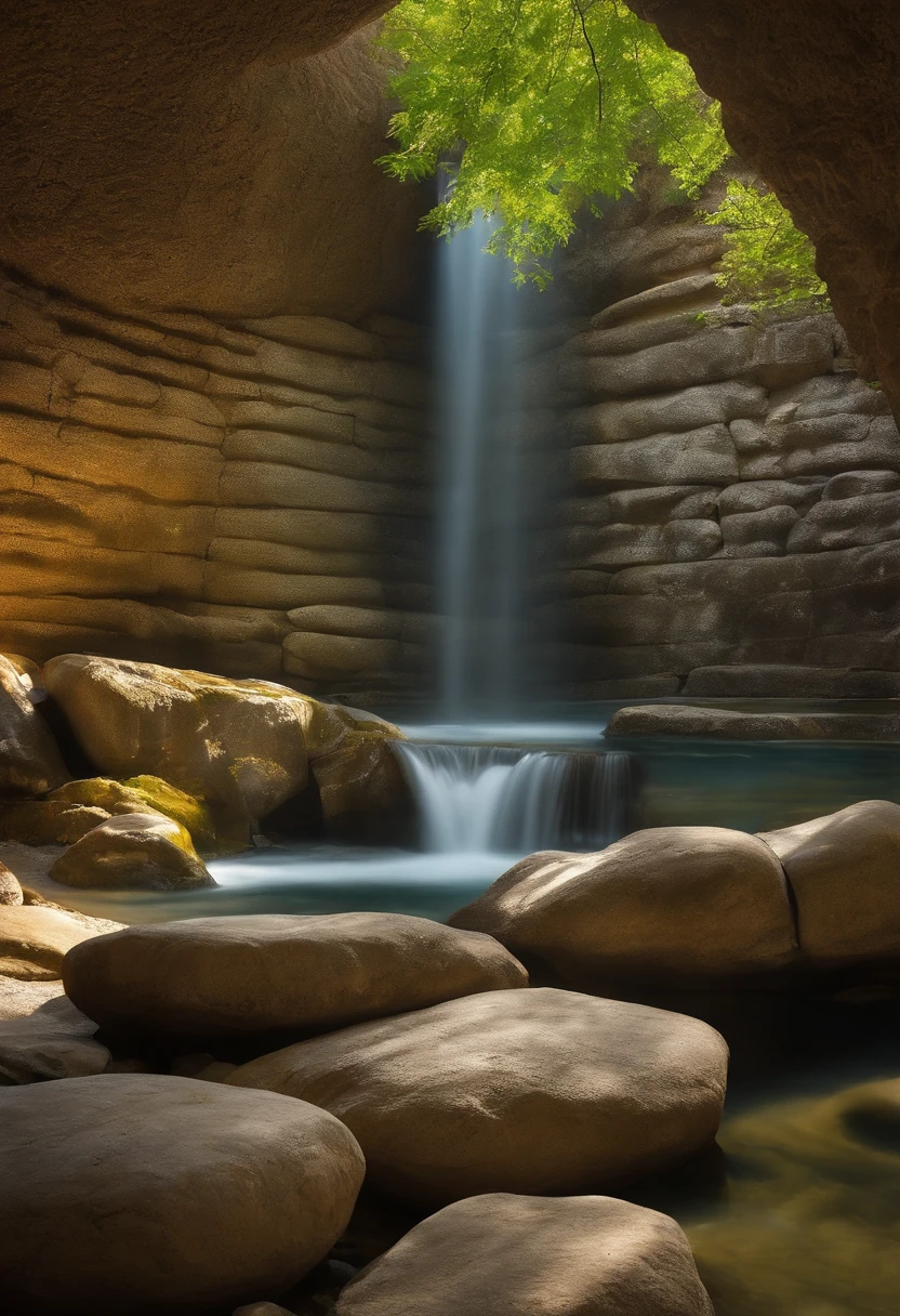 Create a Sena of Jesus and a Samaritan Woman at Jacob's Well around the water wall of stones