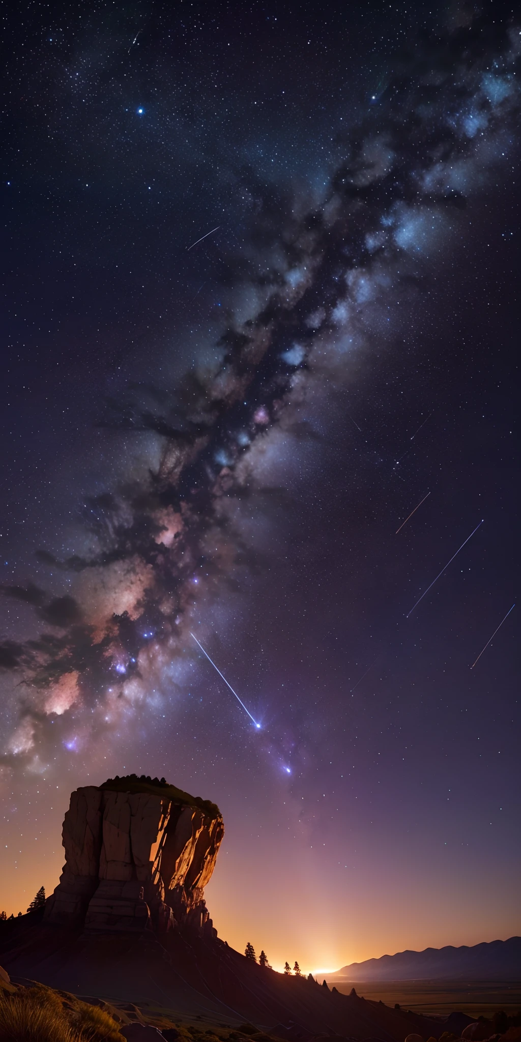 Add a celestial glow to a night sky with a meteor shower, intensifying the streaks of shooting stars