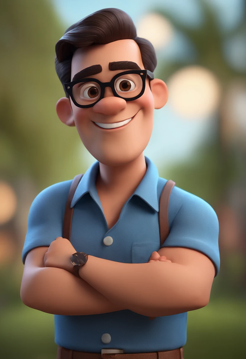 Cartoon character of a man with black glasses and a blue shirt, animation character, Caractere estilizado, animation style rendering, 3D estilizado, Arnold Maya render, 3 d render stylized, toon render keyshot, Personagem 3D, Personagem 3D, 3d rendering stylized, 3 d character render, personagem de desenho animado, Personagem de close up, Pose de personagem, (Estilo Pixar) (master part:1.2) (Bokeh) (best quality) (pele detalhada) (textura detalhada) (8k) (argila) (Cinematic lighting) (foco nítido