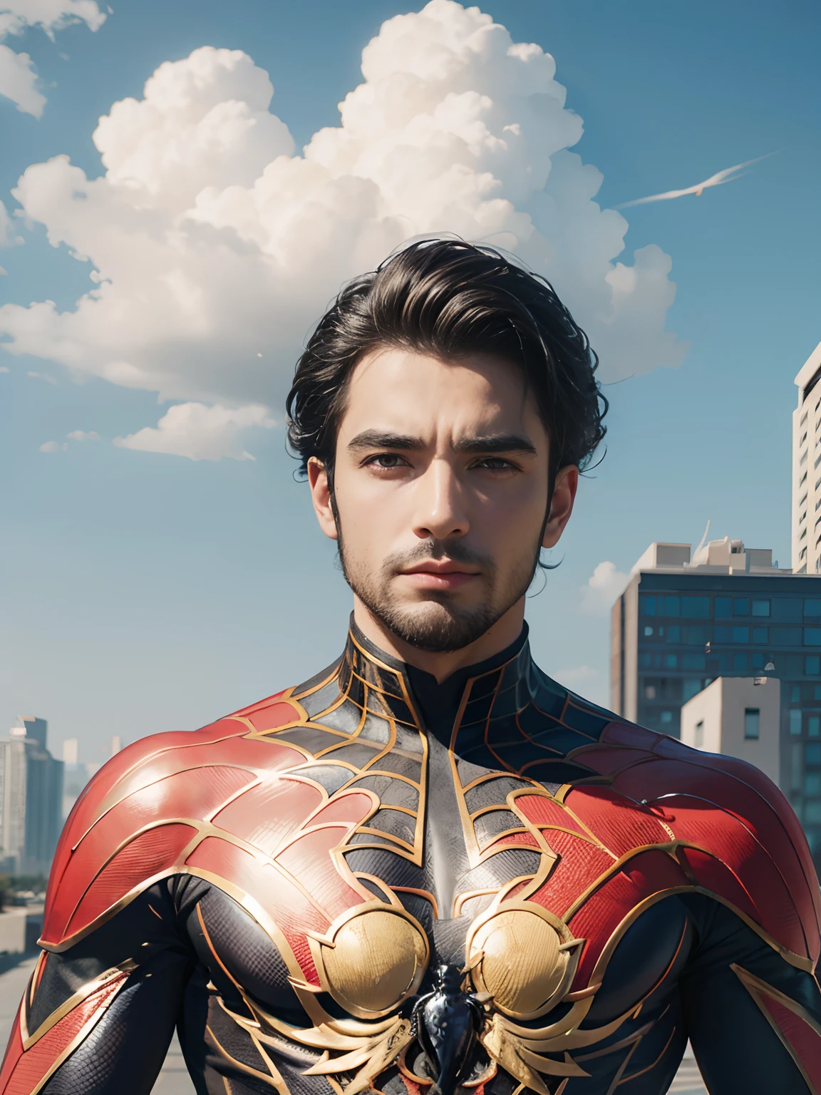 Um homem bonito  em um traje de Homem-Aranha, de frente para o espectador, standing on a building, Fundo Urbano, A Melhor Obra-Prima, Very high detail, Realistic, 8k,