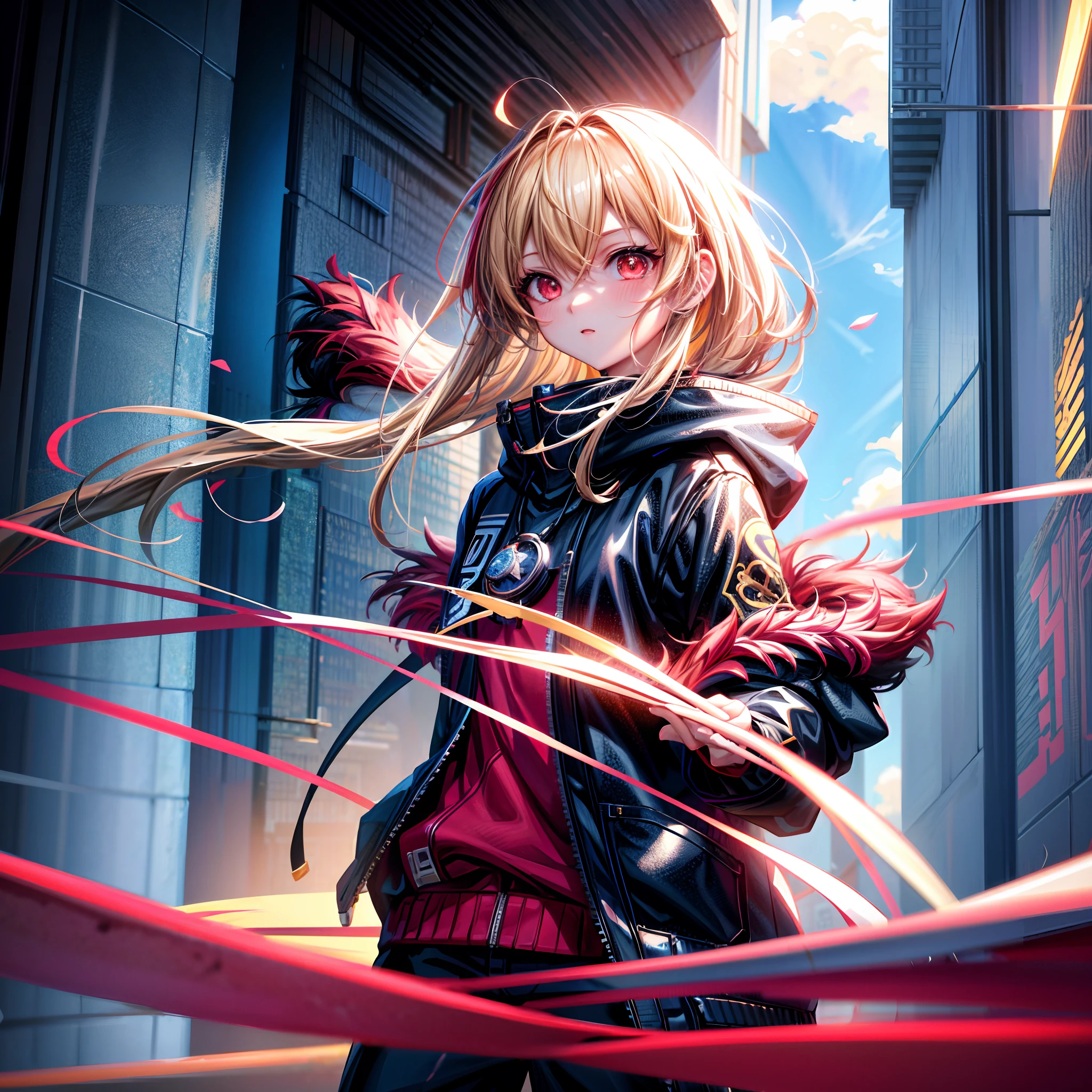 Anime girl looking at big city landscape from a height,Near Future City、 makoto shinkai cyril rolando, anime art wallpaper 4k, anime art wallpaper 4k, Anime art wallpaper 8k, inspired by Cyril Rolando, in the style dan mumford artwork, amazing wallpapers, red eyes、a blond、Locket